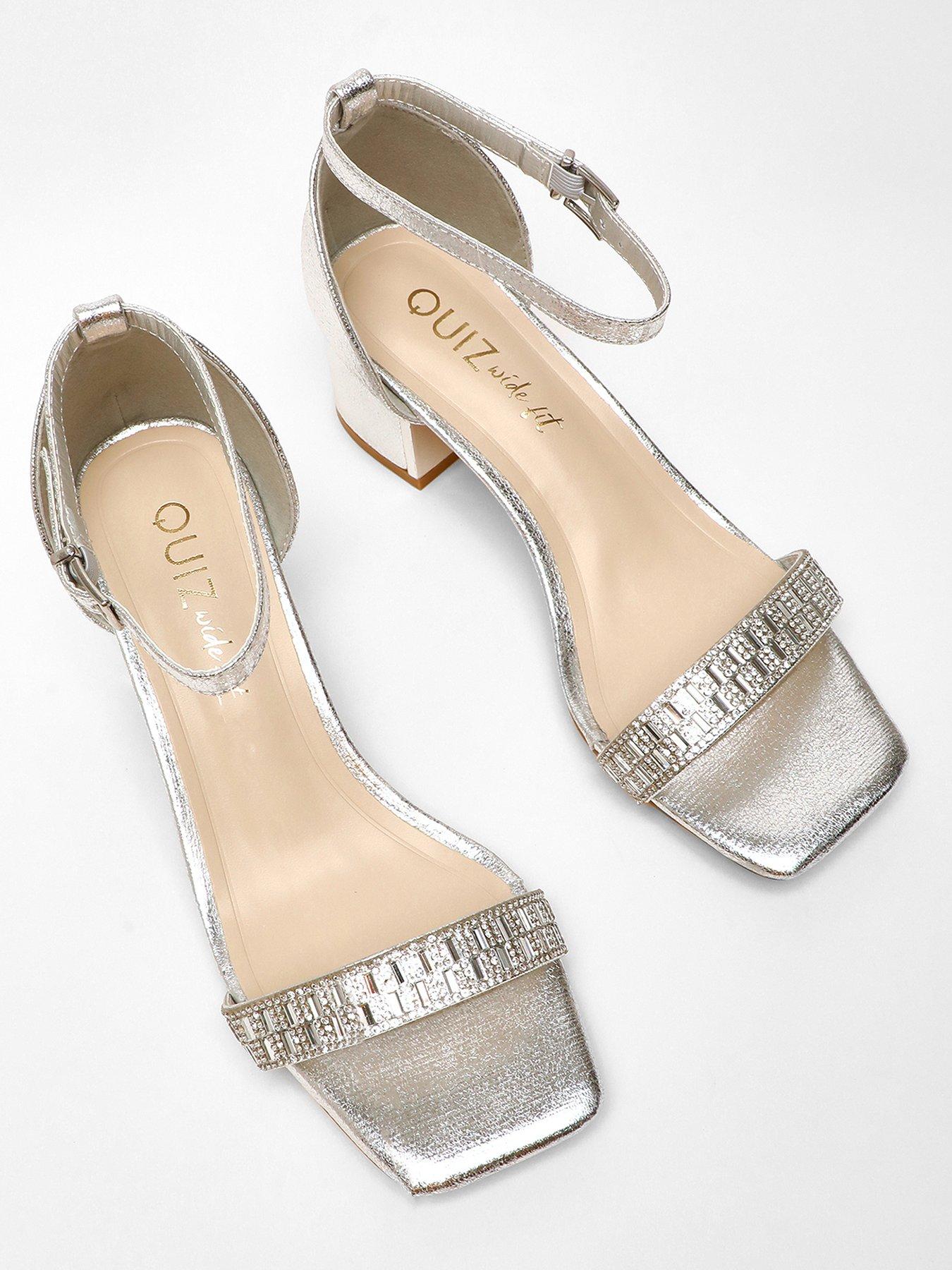 Quiz Wide Fit Silver Shimmer Low Block Heel Sandals