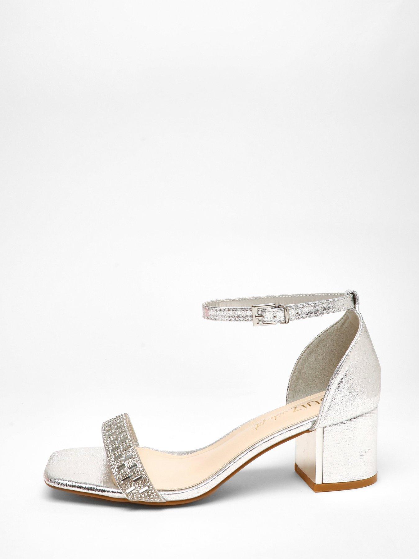 Quiz Wide Fit Silver Shimmer Low Block Heel Sandals Very