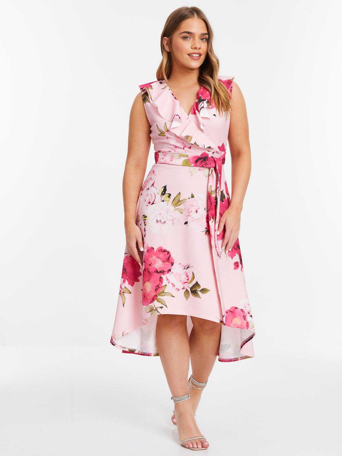 quiz pink dip hem dress Quiz Pink Curve Floral Dip Hem Tiered Midi Dress - 16