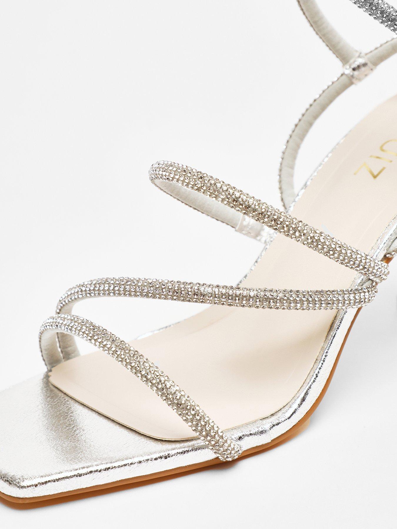 Image 3 of 4 of Quiz Wide Fit Silver Diamante Strappy Block Heeled Sandals