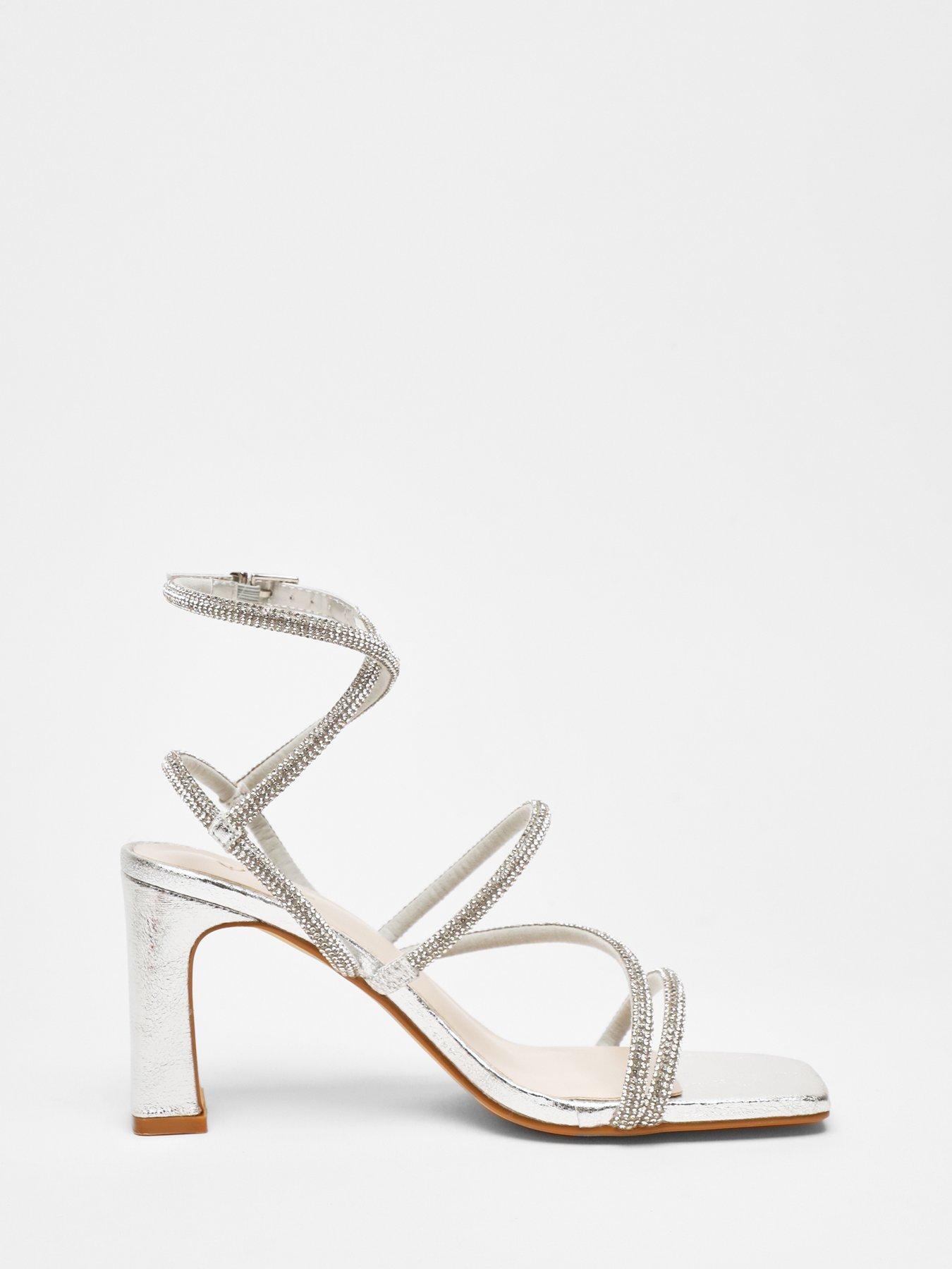Image 4 of 4 of Quiz Wide Fit Silver Diamante Strappy Block Heeled Sandals