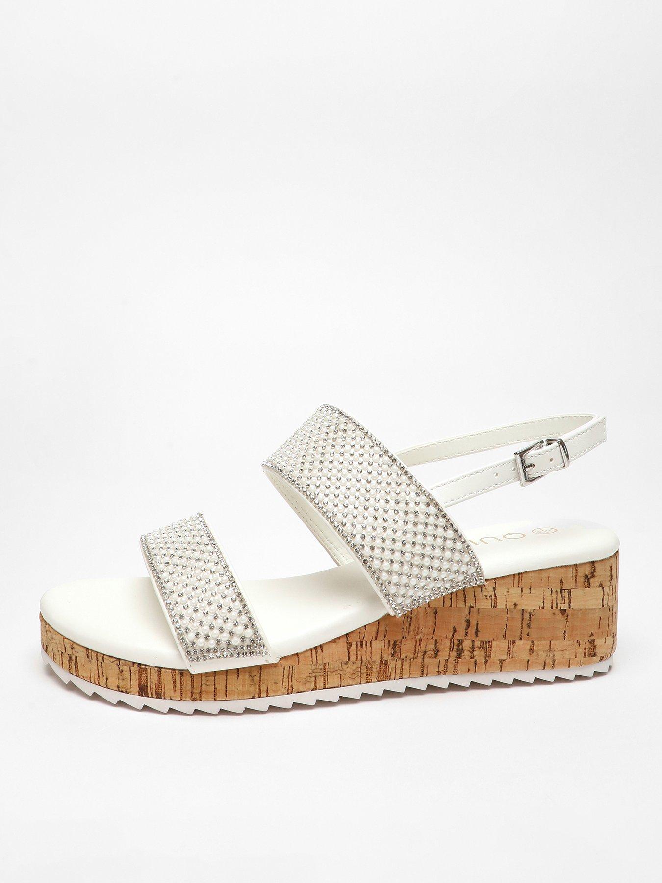 Quiz White Diamante Double Strap Low Wedges