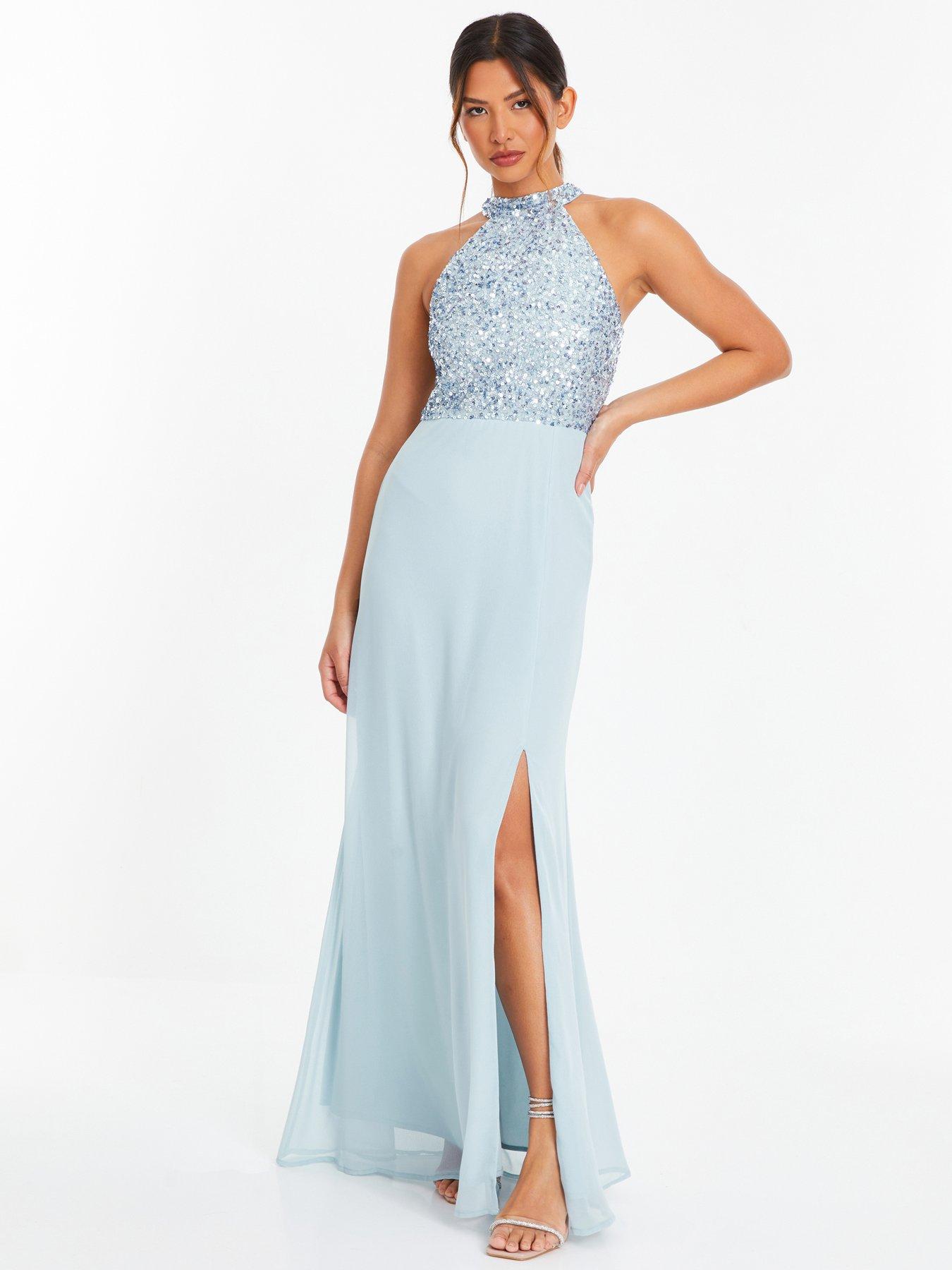 Quiz Light Blue Embellished Chiffon Maxi Dress Very