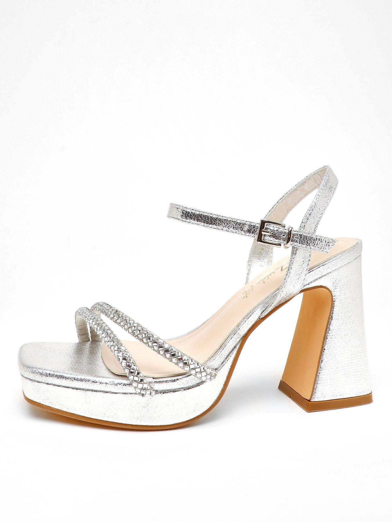 Quiz Wide Fit Silver Diamante Platform Heeled Sandals | Very.co.uk