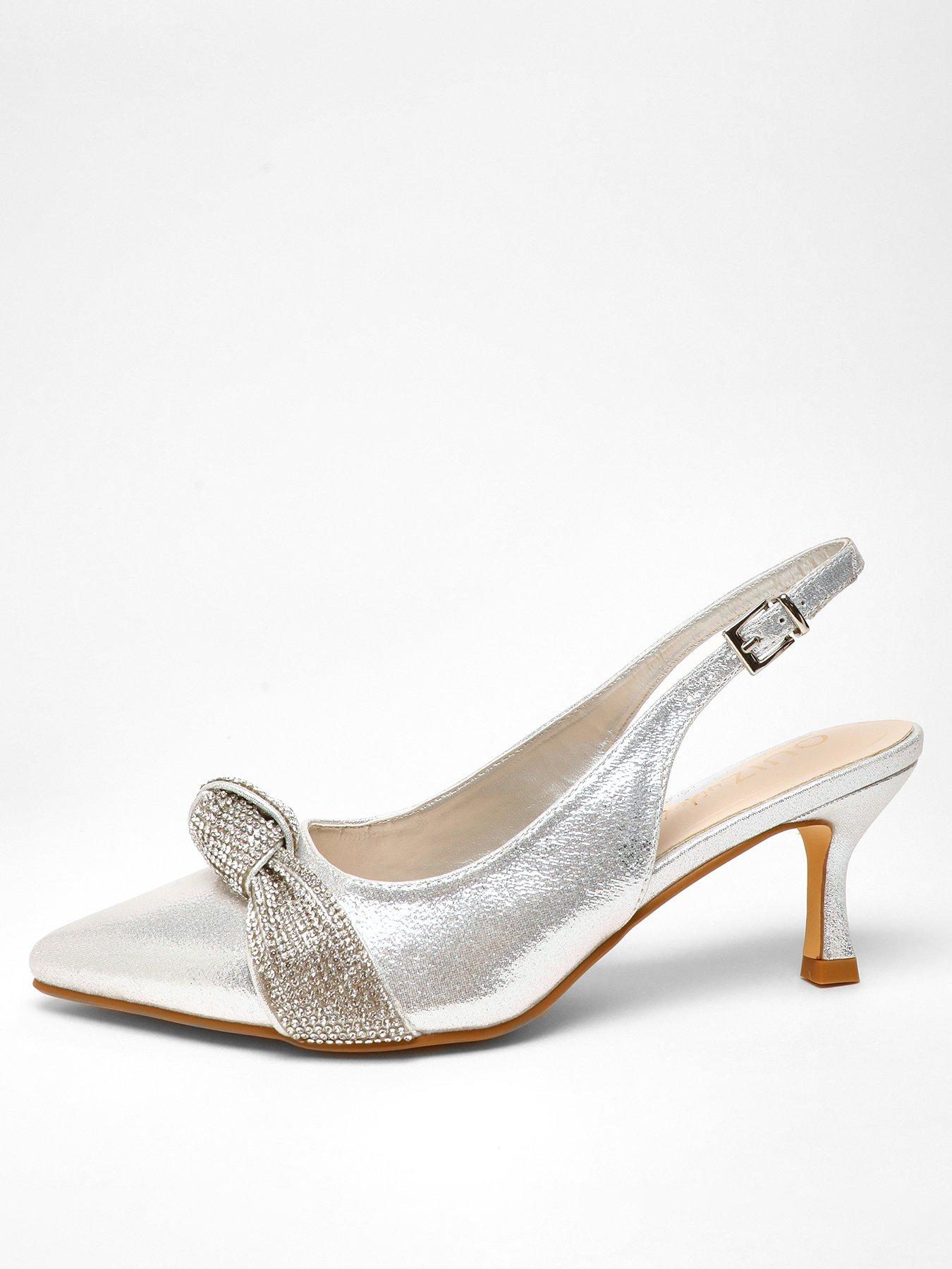 Quiz Wide Fit Silver Shimmer Diamante Cross Strap Low Heels Very