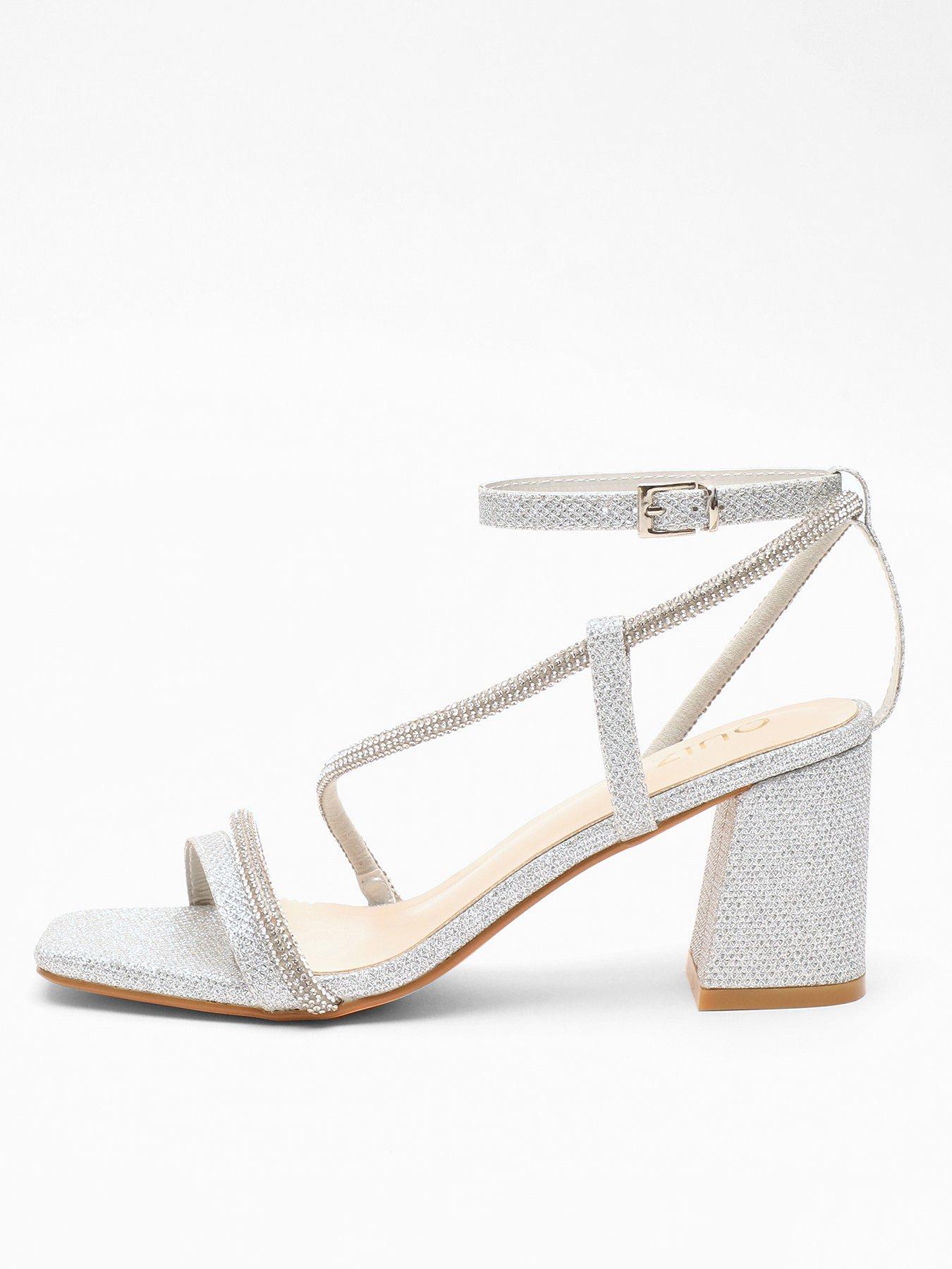 Image 1 of 4 of Quiz Silver Diamante Block Heeled Sandals