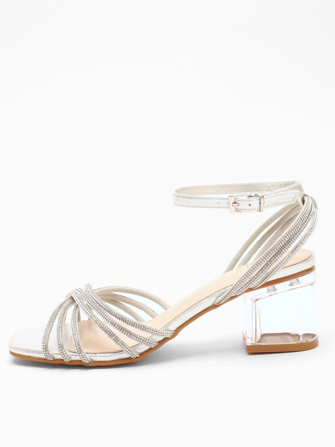 Quiz Silver Diamante Strap Low Heeled Sandals