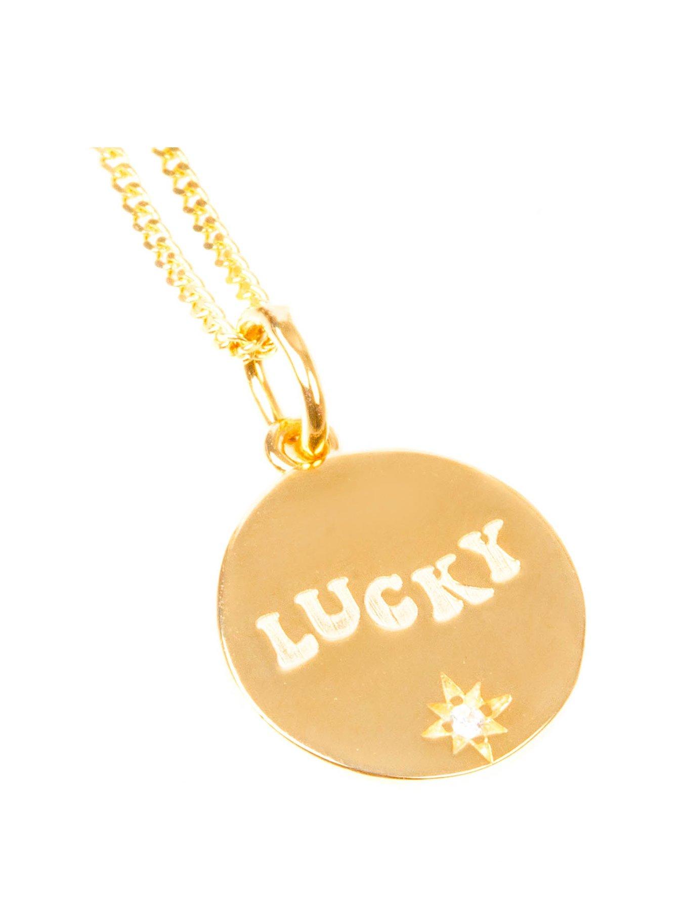 Product photograph of The Love Silver Collection 18ct Gold Plated Lucky Engraved Disk With Cz Stone from very.co.uk