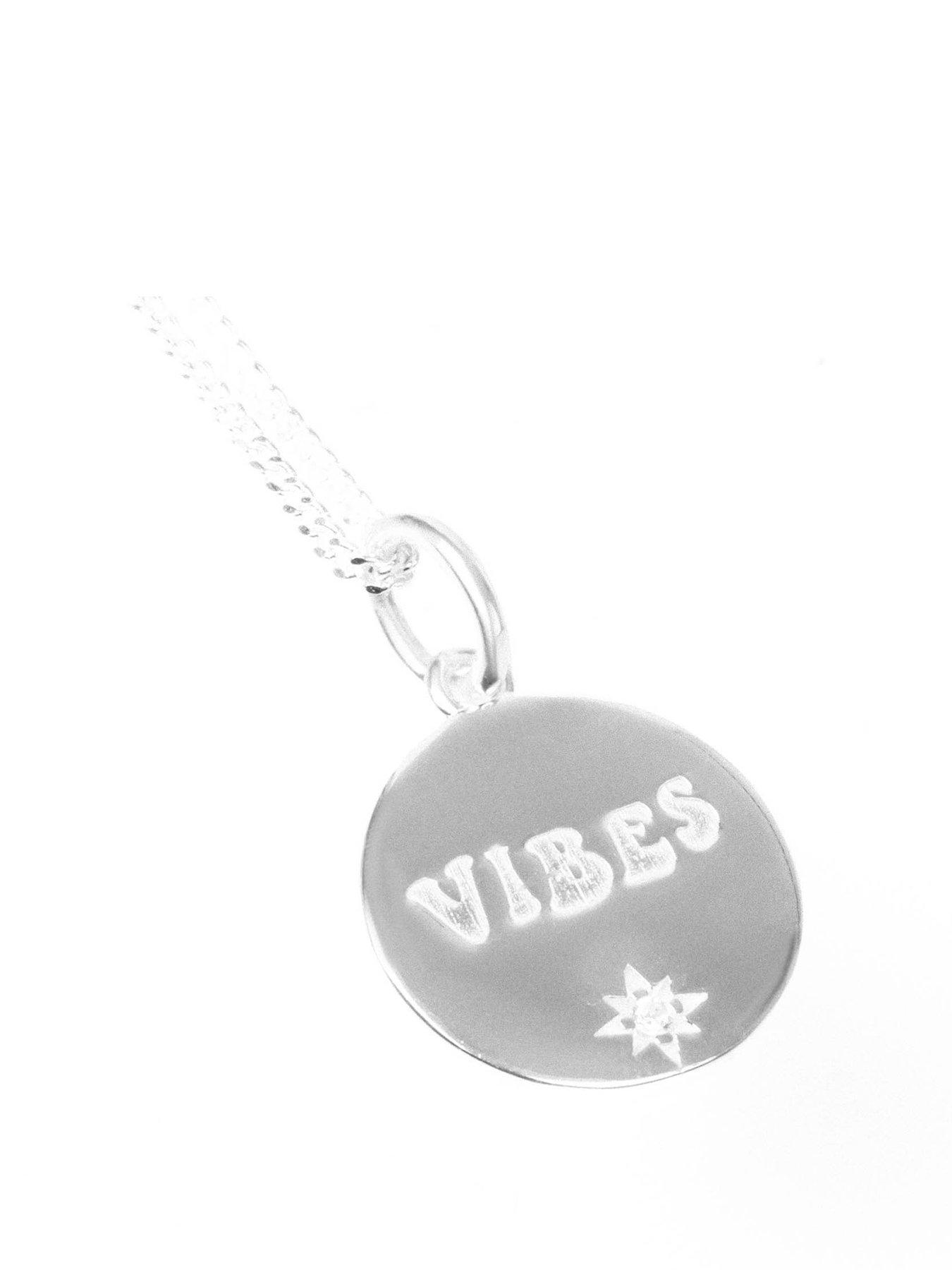 undefined Sterling Silver "VIBES" Engraved Disk with CZ Stone
