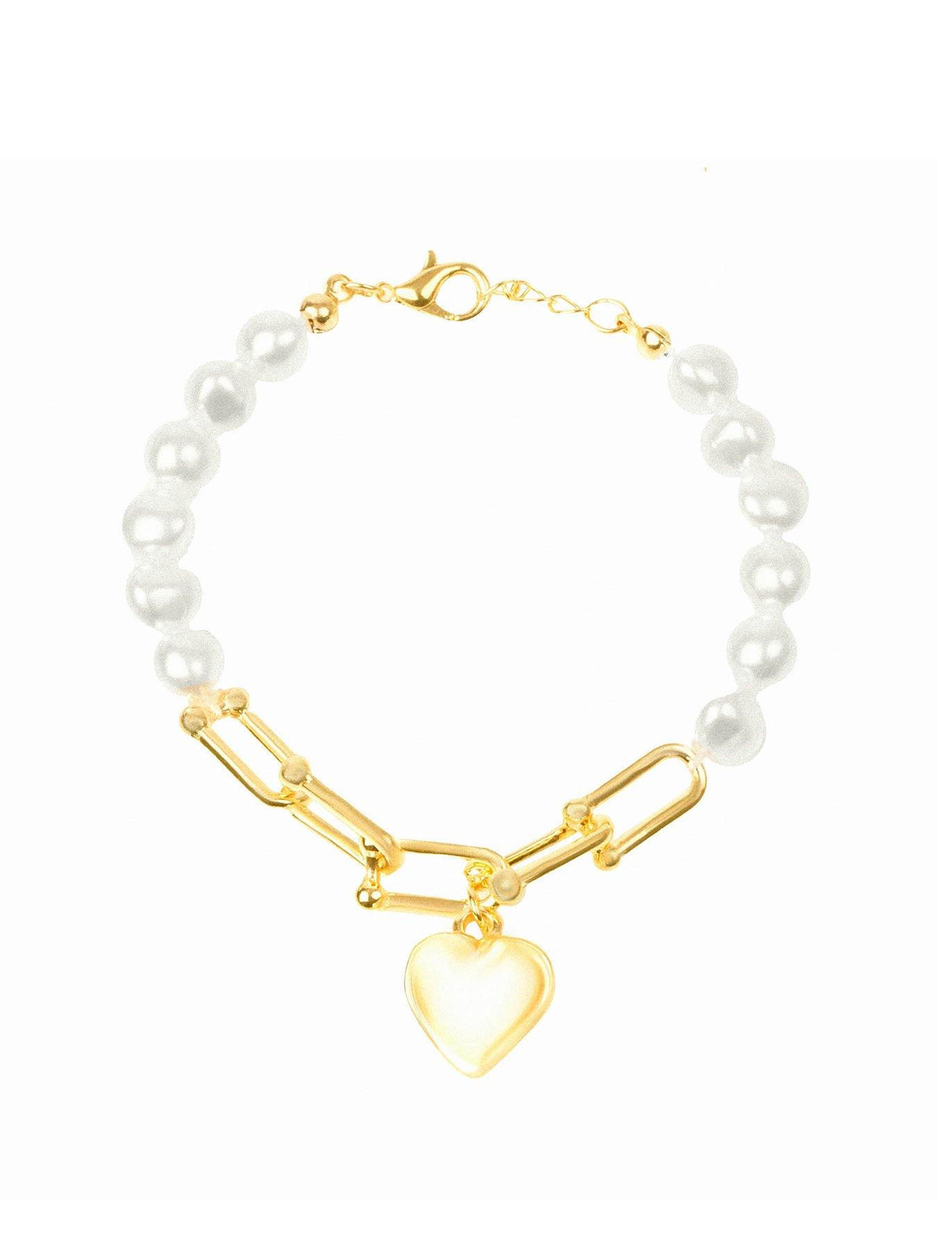 Product photograph of The Love Silver Collection Simulated Pearl Heart Bracelet from very.co.uk