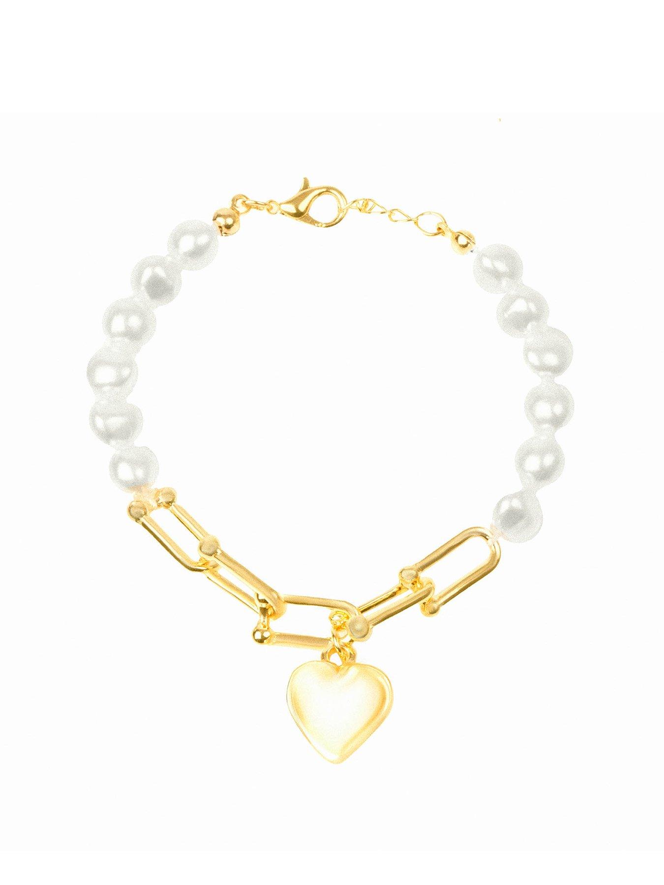 Product photograph of The Love Collection Simulated Pearl Heart Bracelet from very.co.uk
