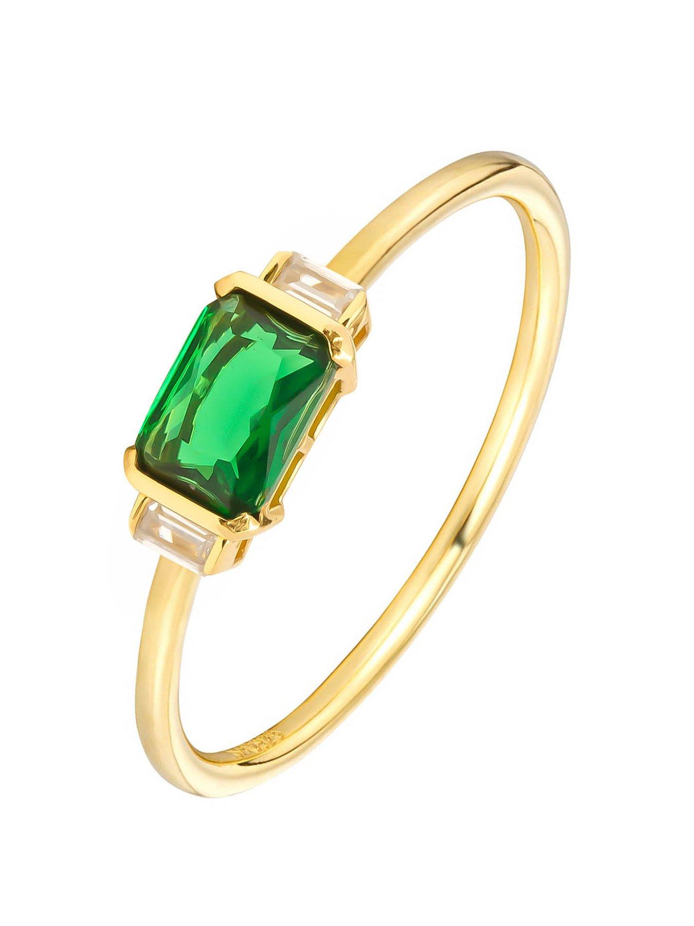 Product photograph of The Love Silver Collection 18ct Gold Plated Emerald Baguette Triple Cz Engagement Ring from very.co.uk