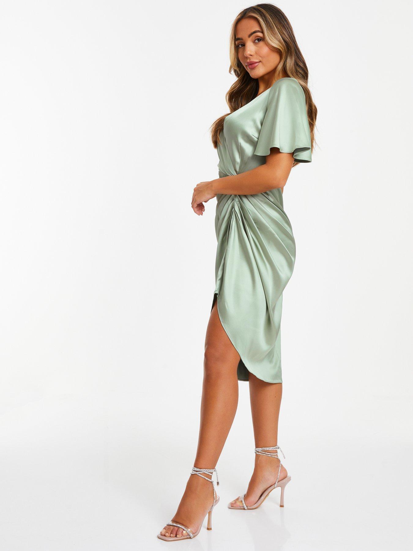 Satin Ruched Dress in Sage