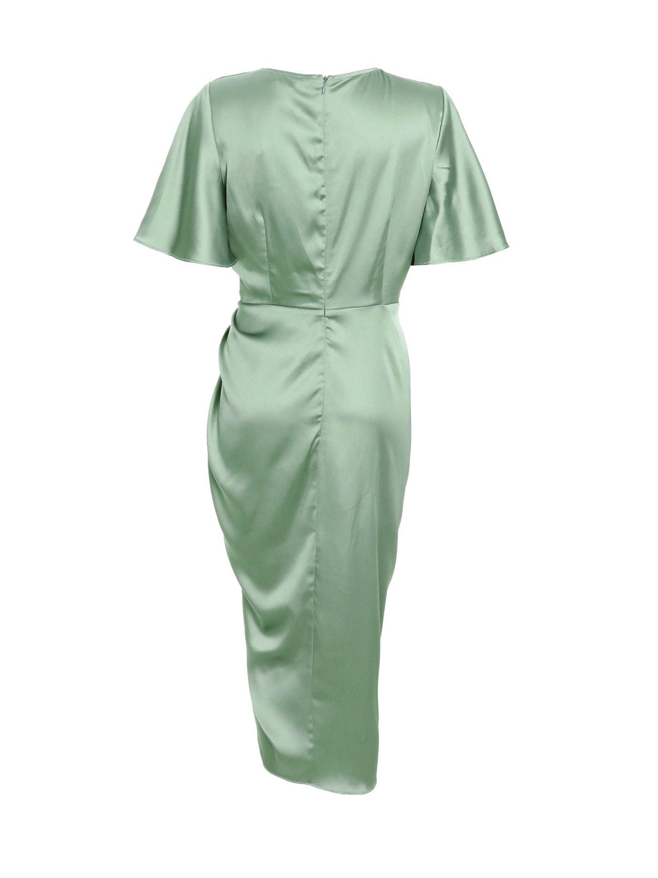 Quiz Petite Sage Satin Ruched Wrap Midi Dress | Very