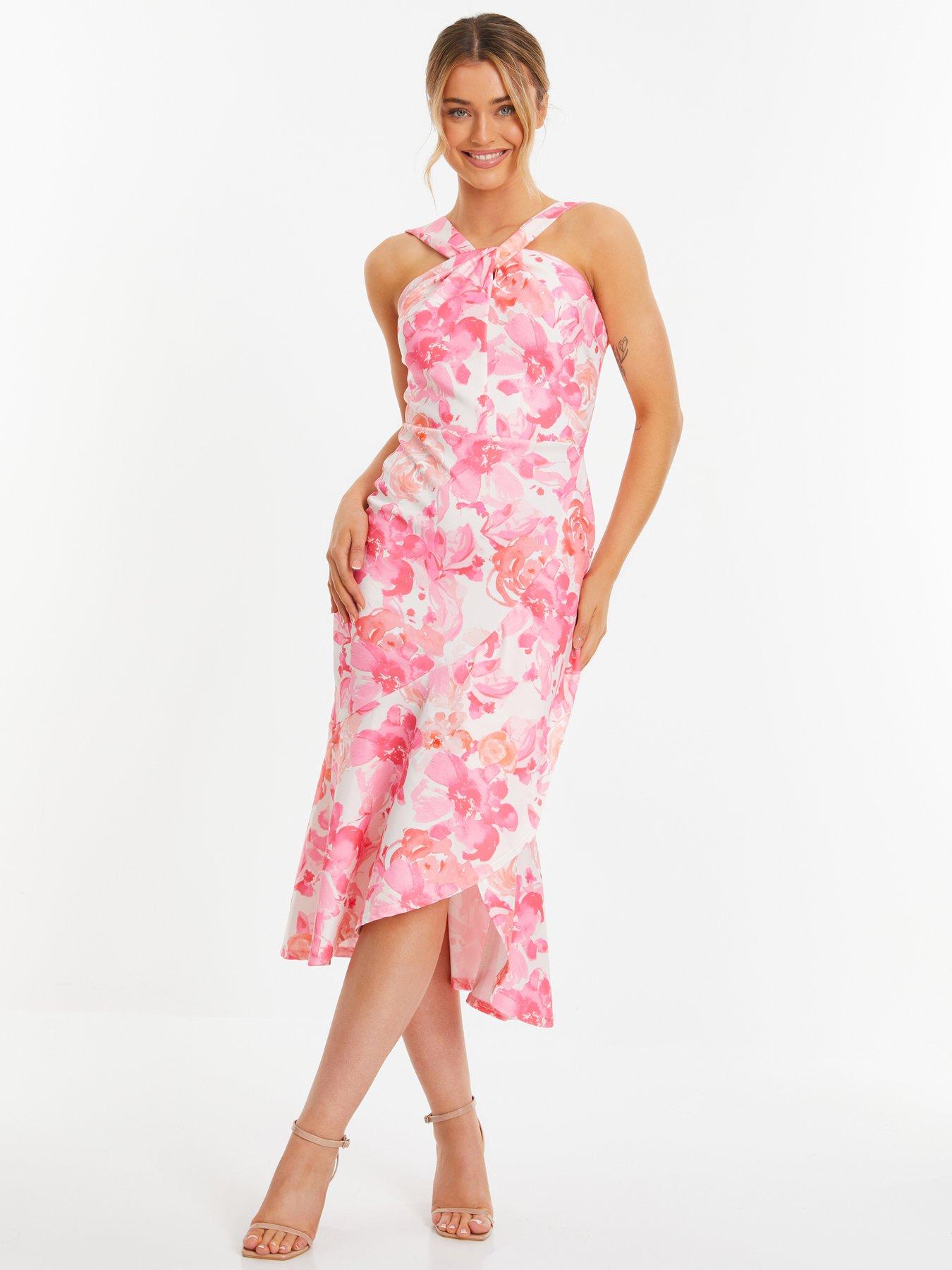 Quiz Pink Floral Print Frill Halter Neck Midi Dress | Very.co.uk