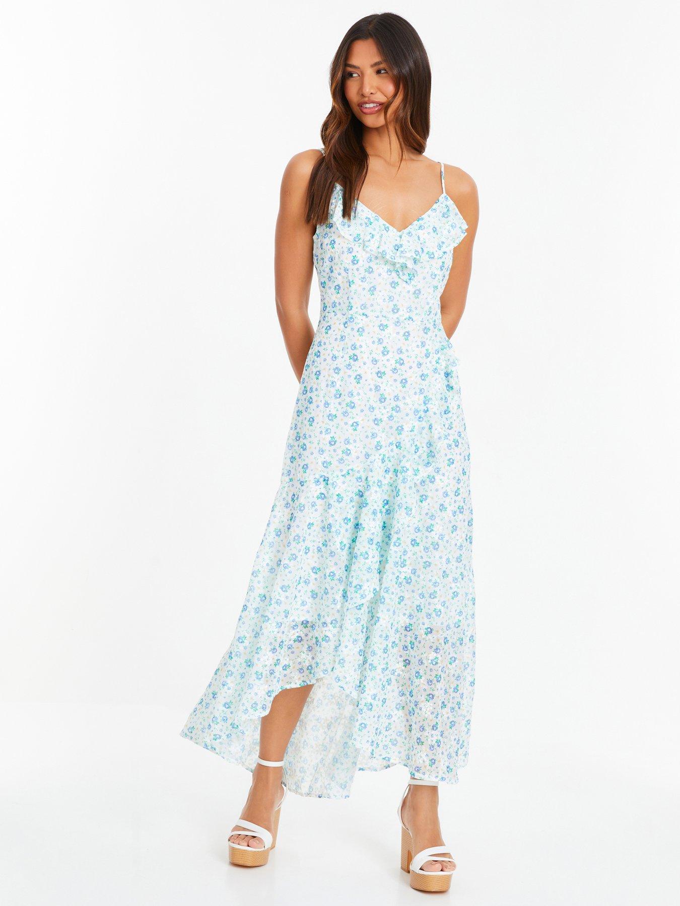 Quiz Blue Ditsy Print Chiffon Midaxi Dress | Very.co.uk