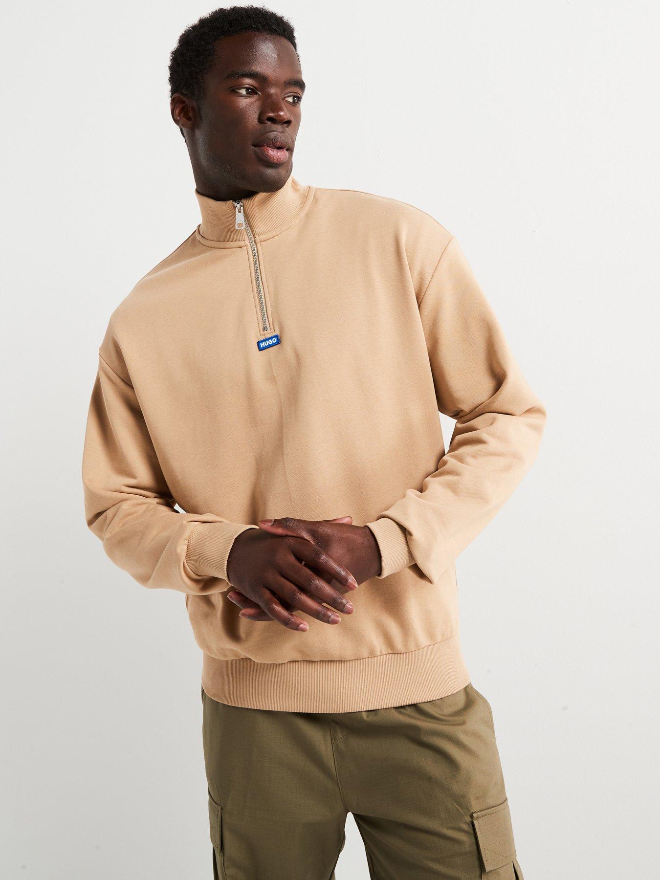 HUGO BLUE Neeler Small Logo 1/4 Zip Sweat-Dark Beige, Dark Beige, Size M, Men