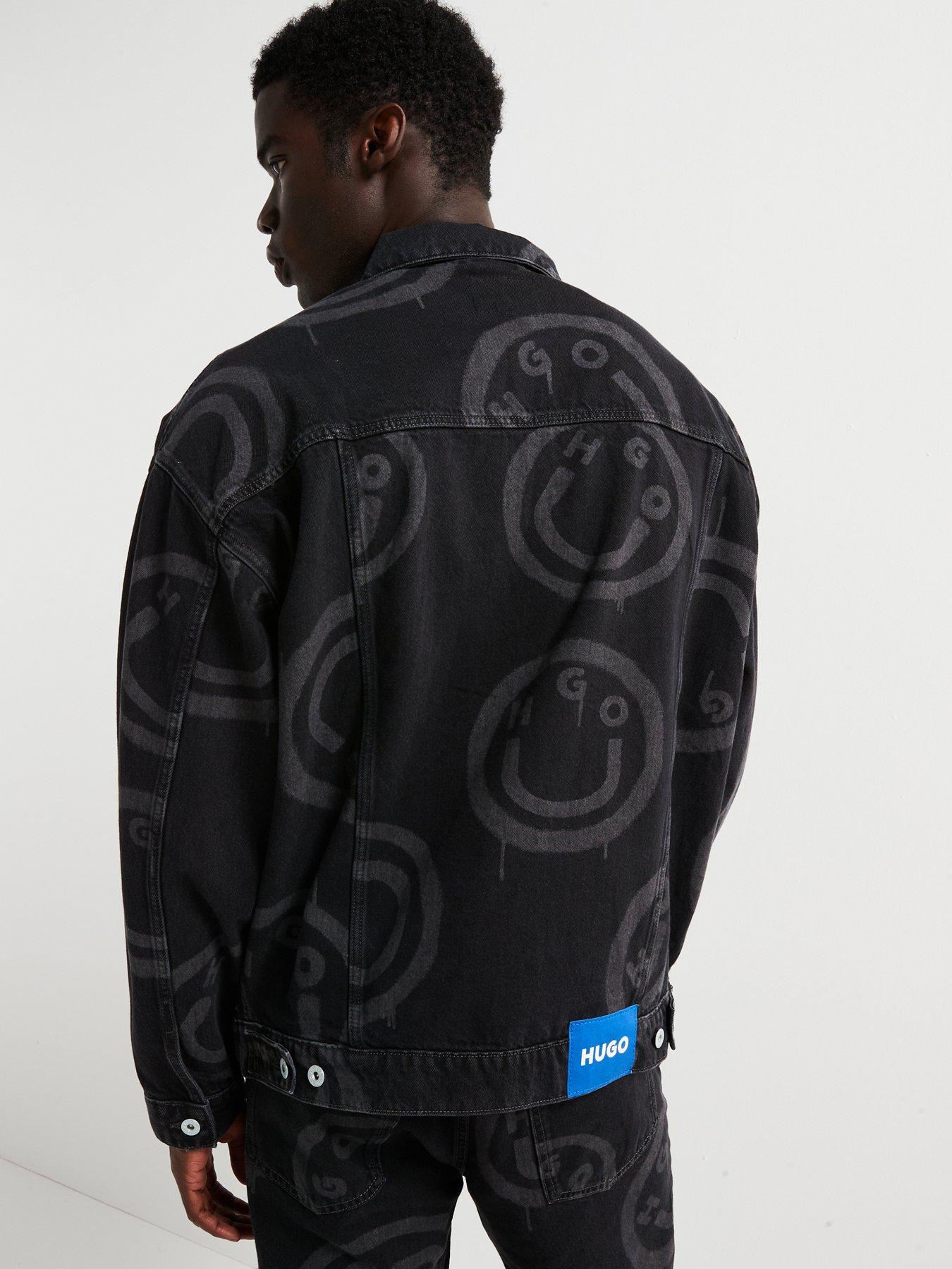 HUGO BLUE Wes Relaxed Fit Smiley Print Denim Jacket-Black Very
