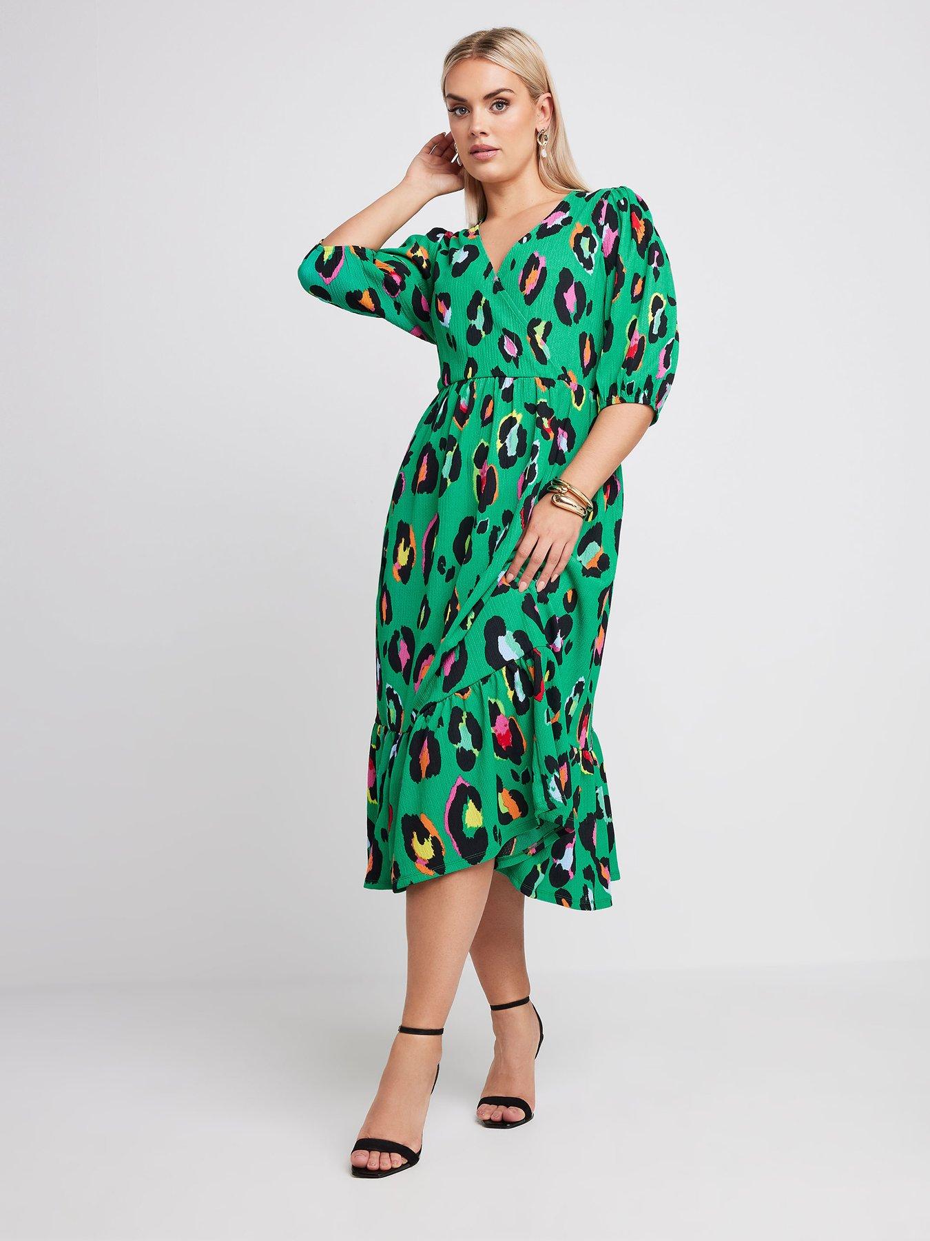 Yours Printed Texture Wrap Dress - Green | Very.co.uk