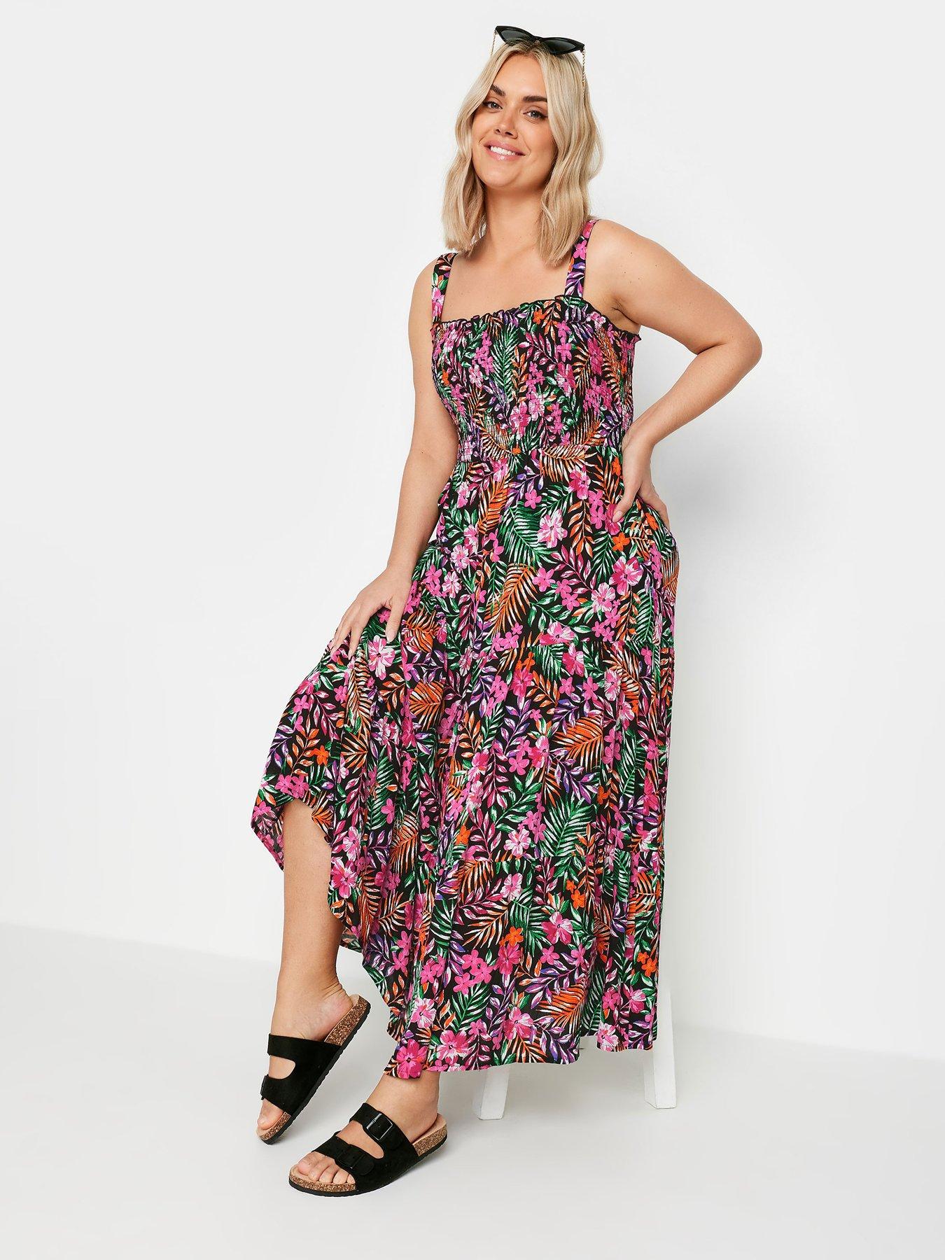 Yours Shirred Strappy Tiered Maxi Dress - Black/Multi | Very