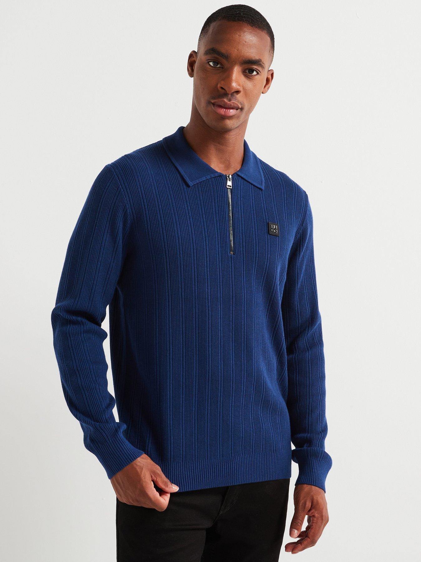hugo sastoro regular fit 1/4 zip stacked logo knitted polo - dark blue