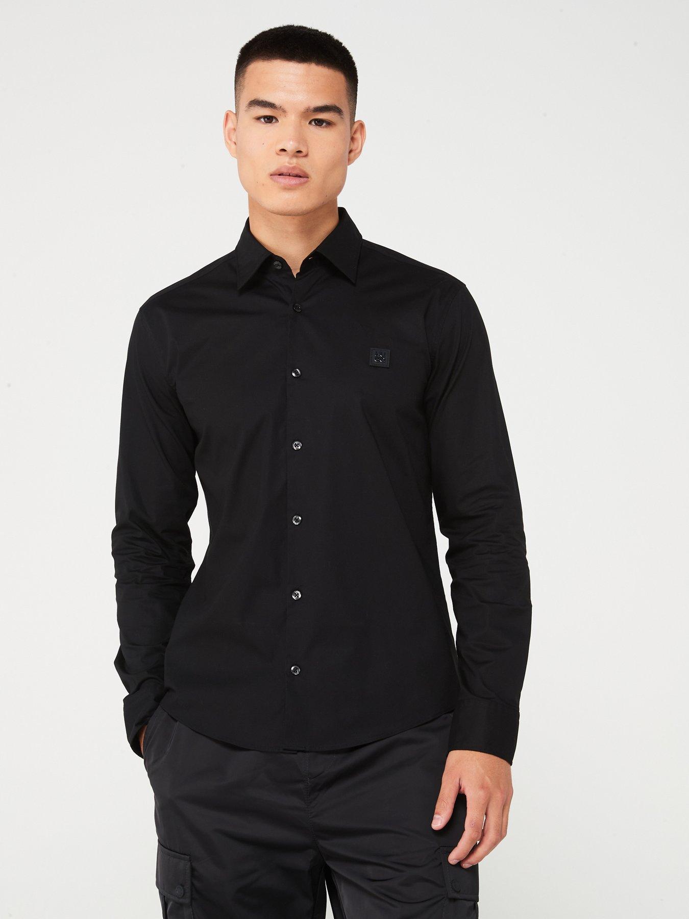 Image 1 of 5 of HUGO Ermo Stacked Nickel Logo Slim Fit Long Sleeve Shirt - Black