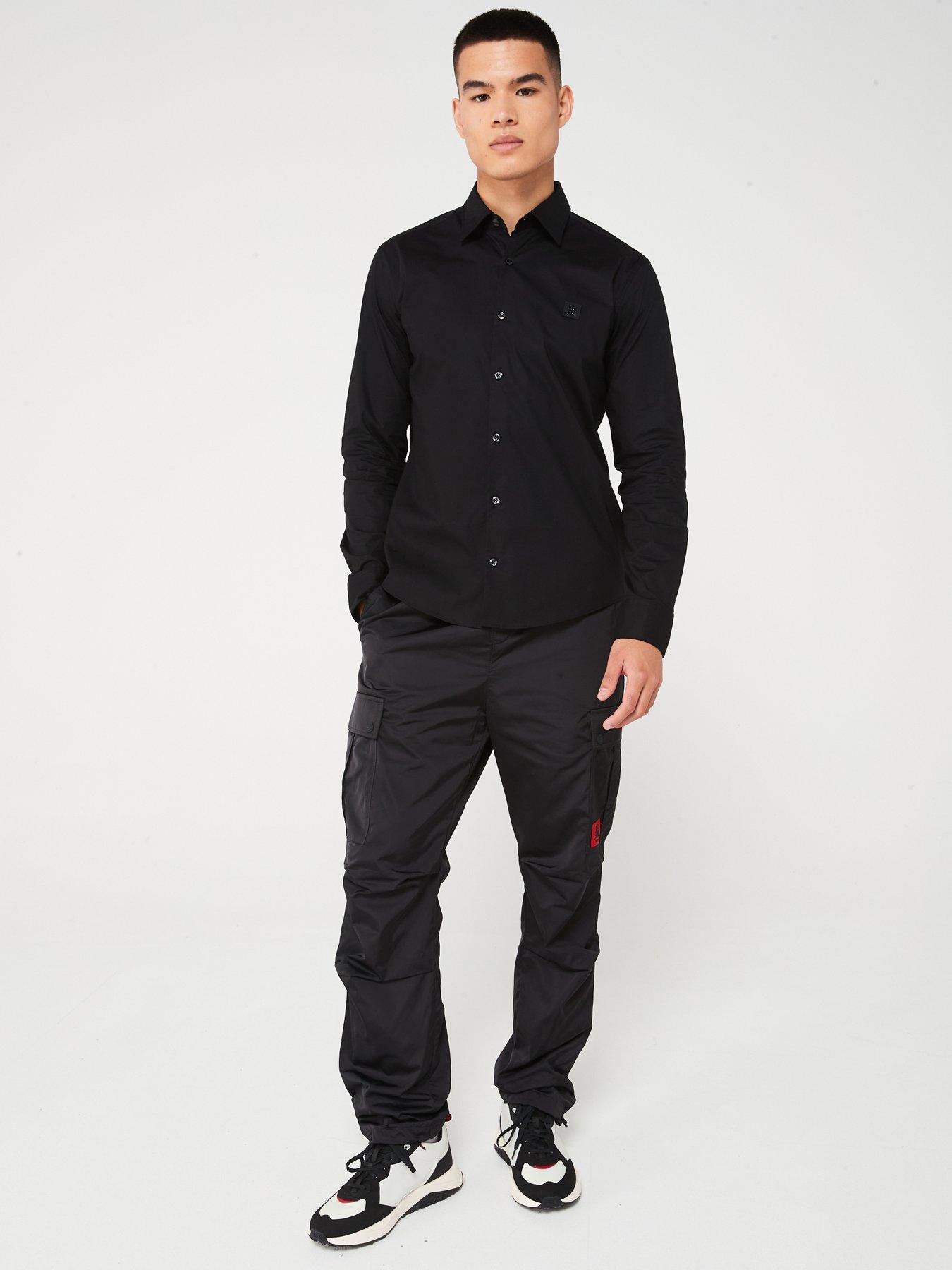 Image 3 of 5 of HUGO Ermo Stacked Nickel Logo Slim Fit Long Sleeve Shirt - Black
