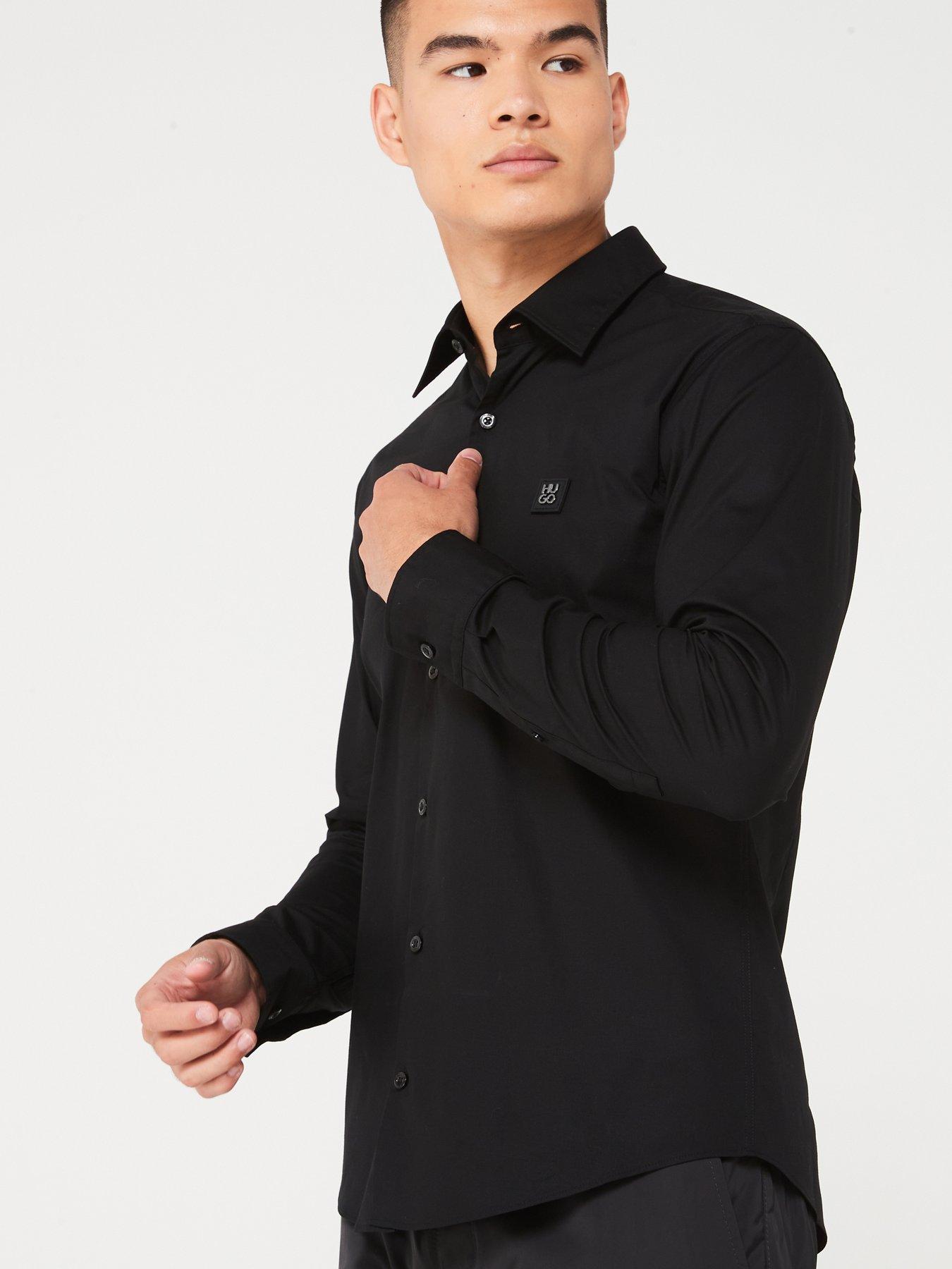 Image 5 of 5 of HUGO Ermo Stacked Nickel Logo Slim Fit Long Sleeve Shirt - Black