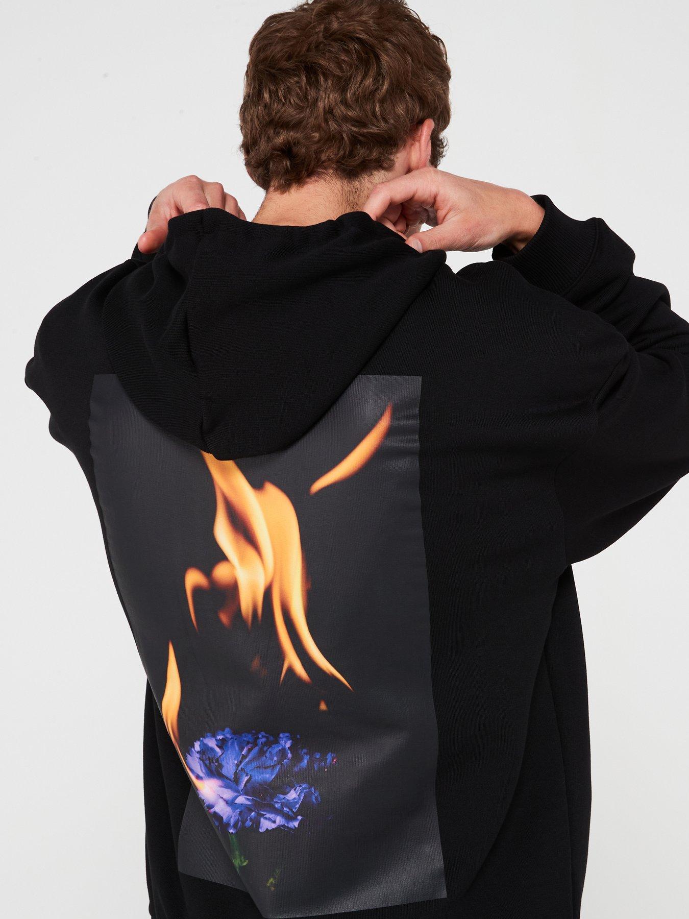 HUGO Dflohood Floral Fire Back Logo Oversize Fit Overhead Hoodie Black Very