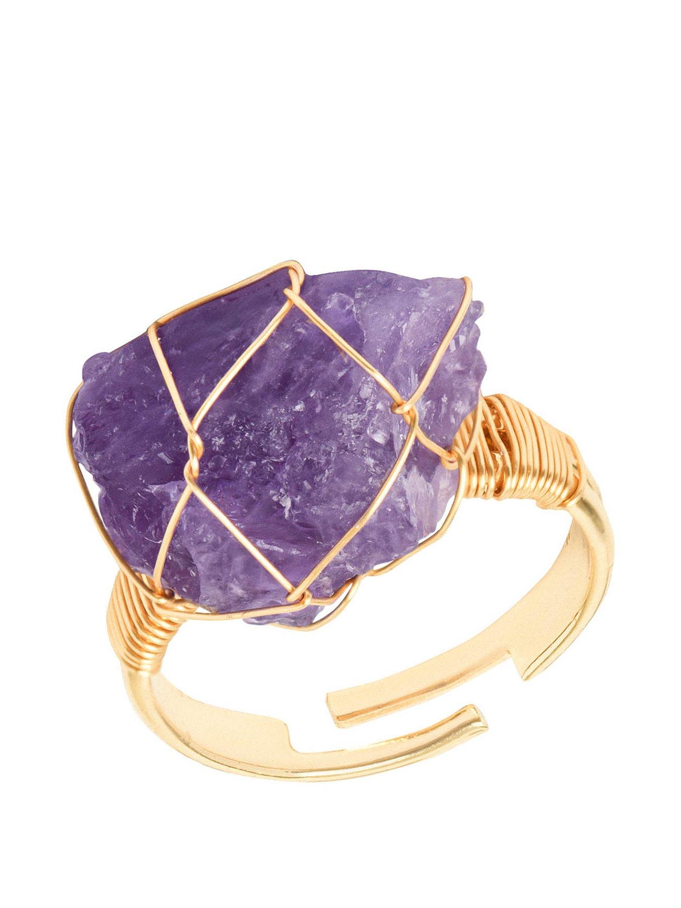 Product photograph of The Love Silver Collection Raw Stone Wire Wrap Ring - Purple from very.co.uk