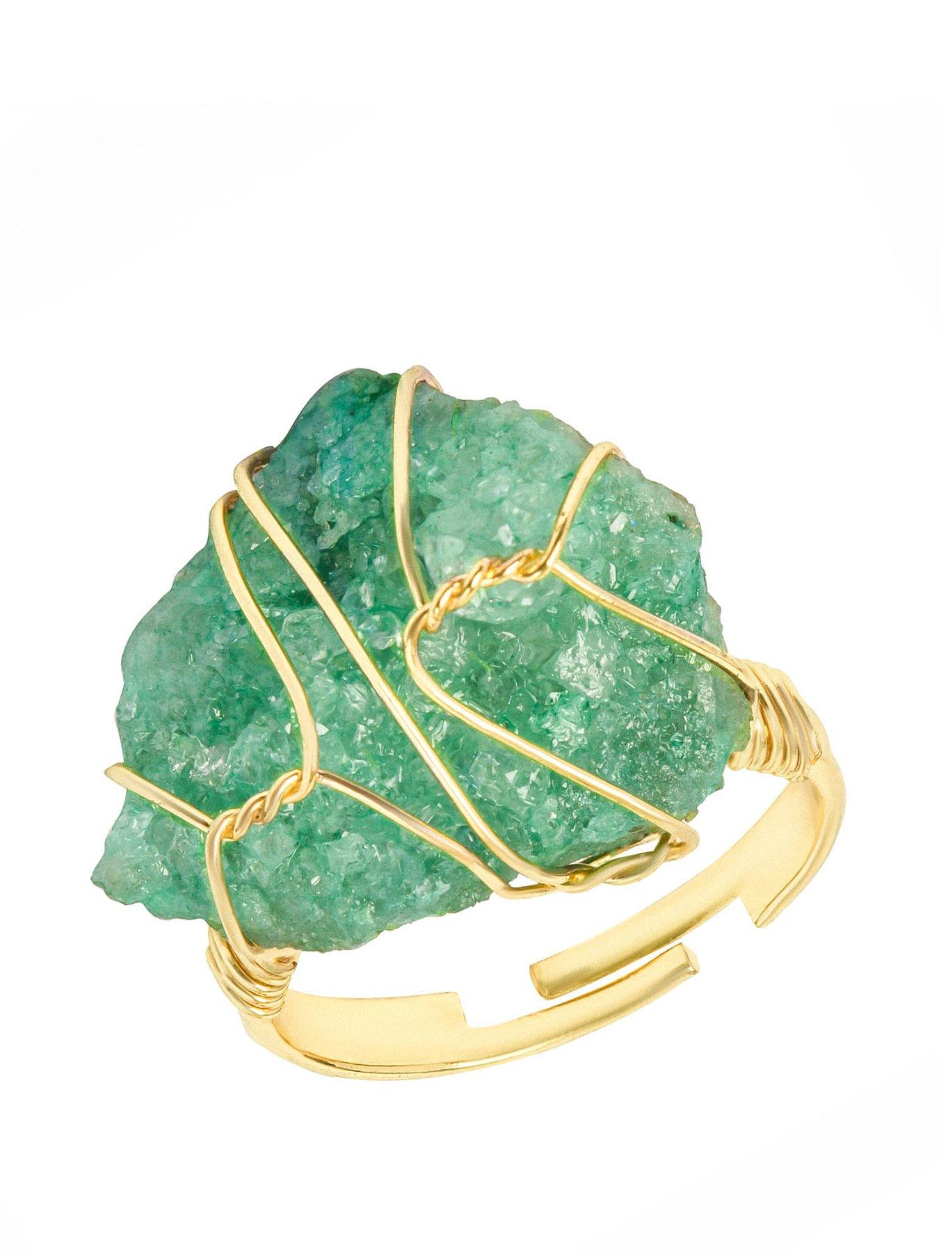 Product photograph of The Love Silver Collection Raw Stone Wire Wrap Ring - Green from very.co.uk