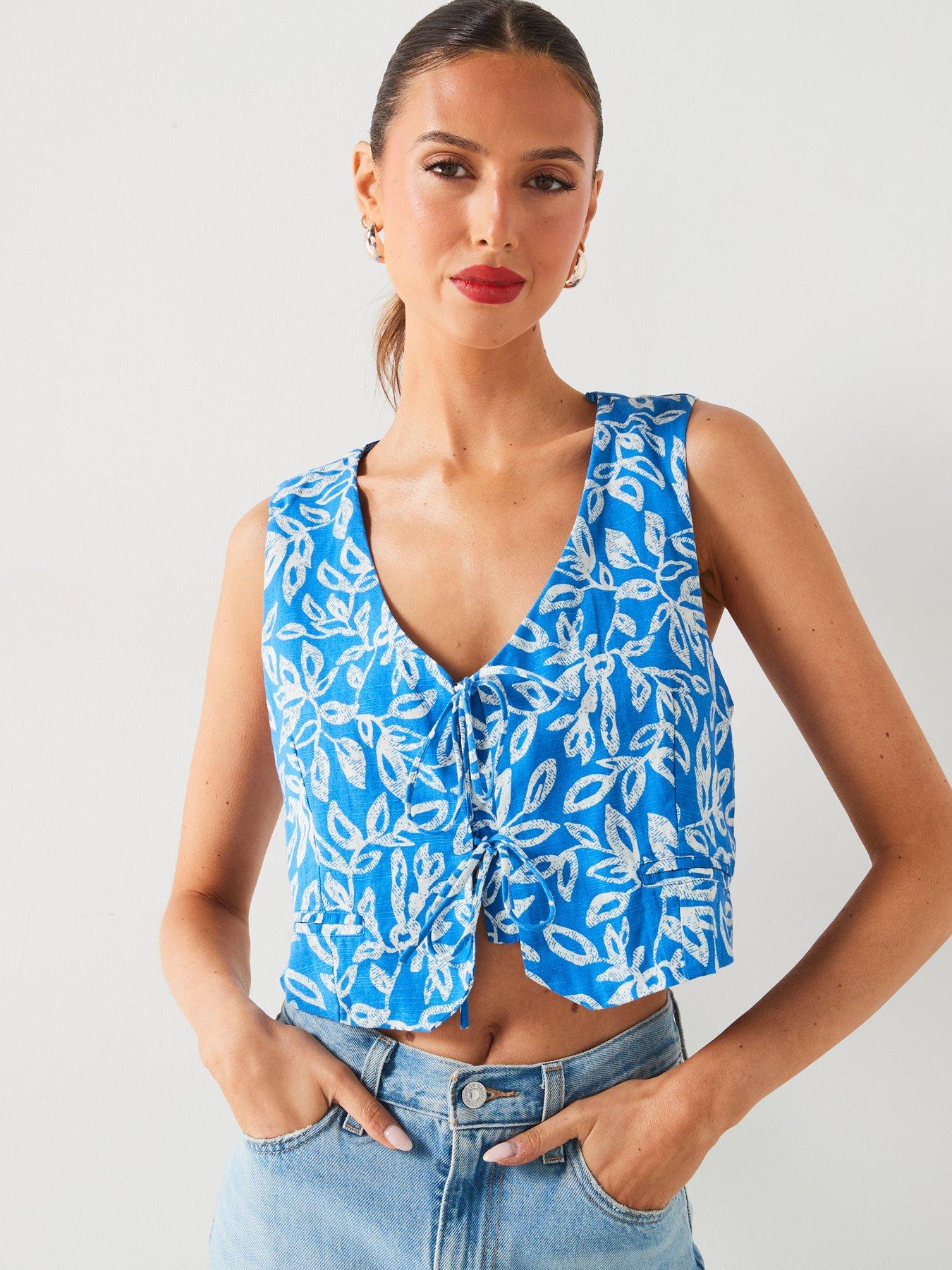 Mango Floral Print Tie Front Gilet - Blue | Very.co.uk