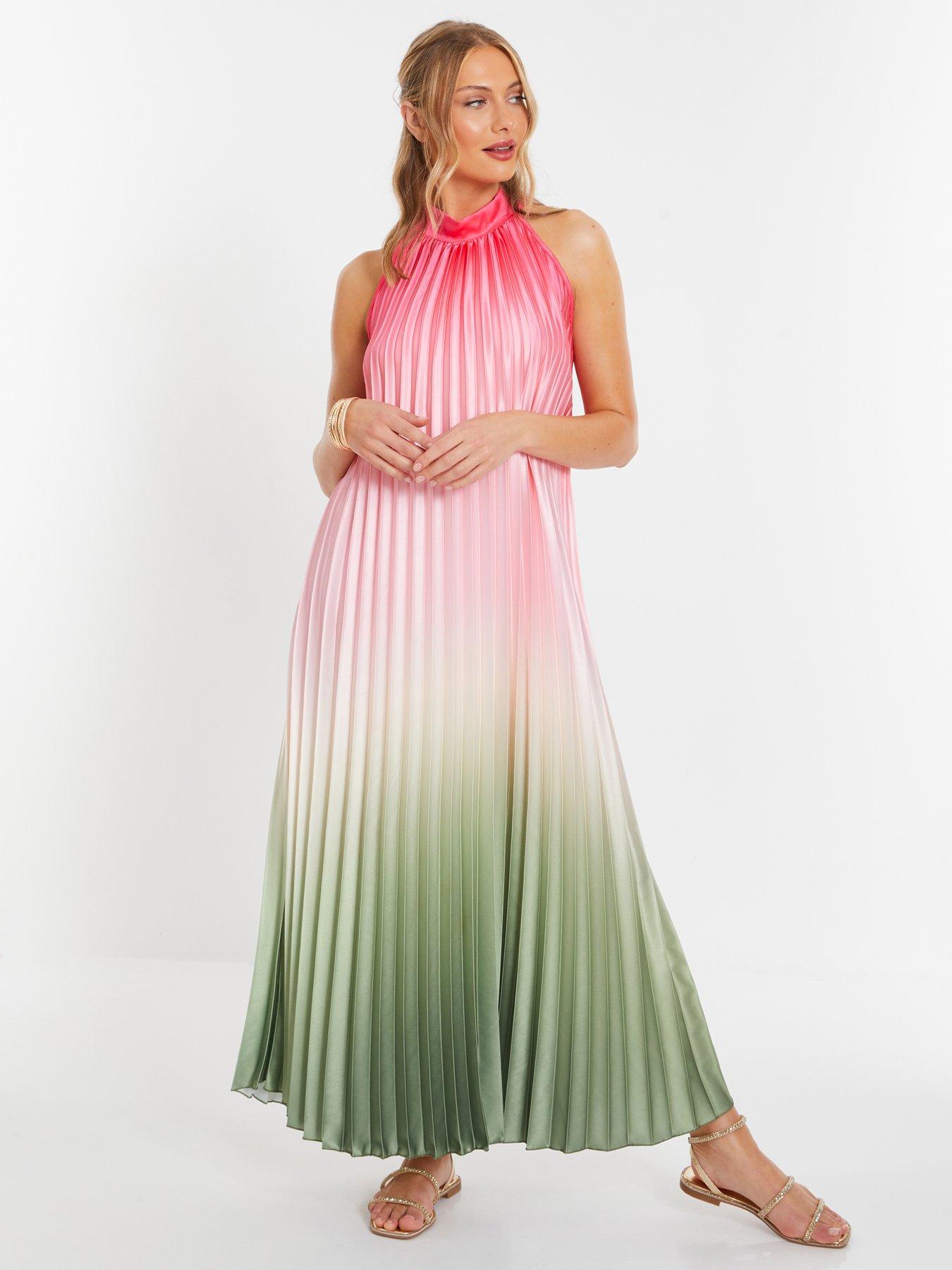 Quiz Pink Satin Ombre Pleated Maxi Dress Multi