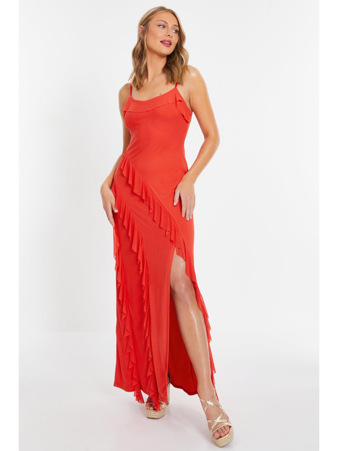 Quiz Red Mesh Ruffle Maxi Dress