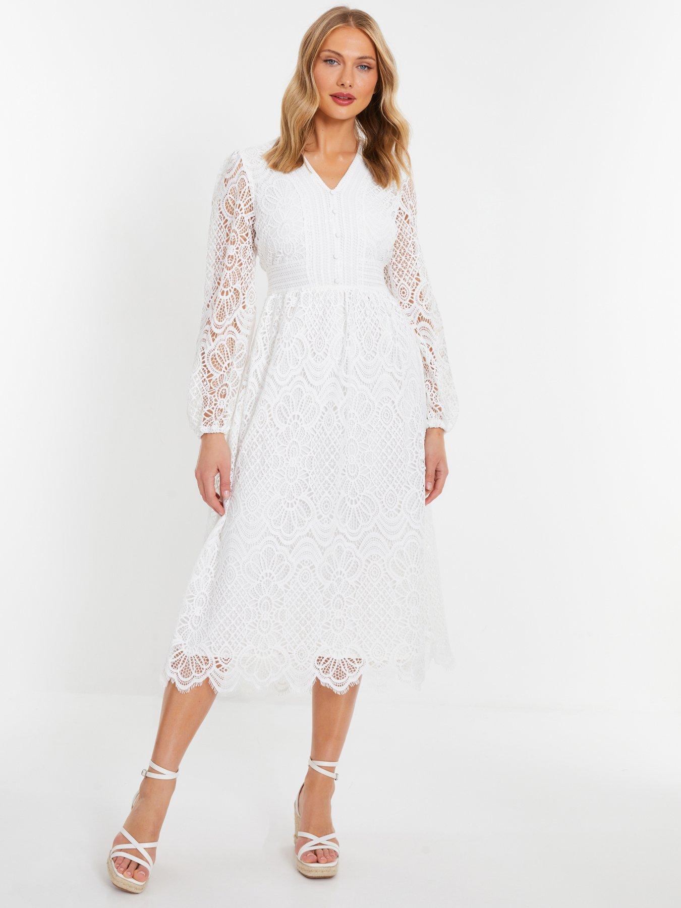 Quiz White Crochet Lace Long Sleeve Midi Dress | Very
