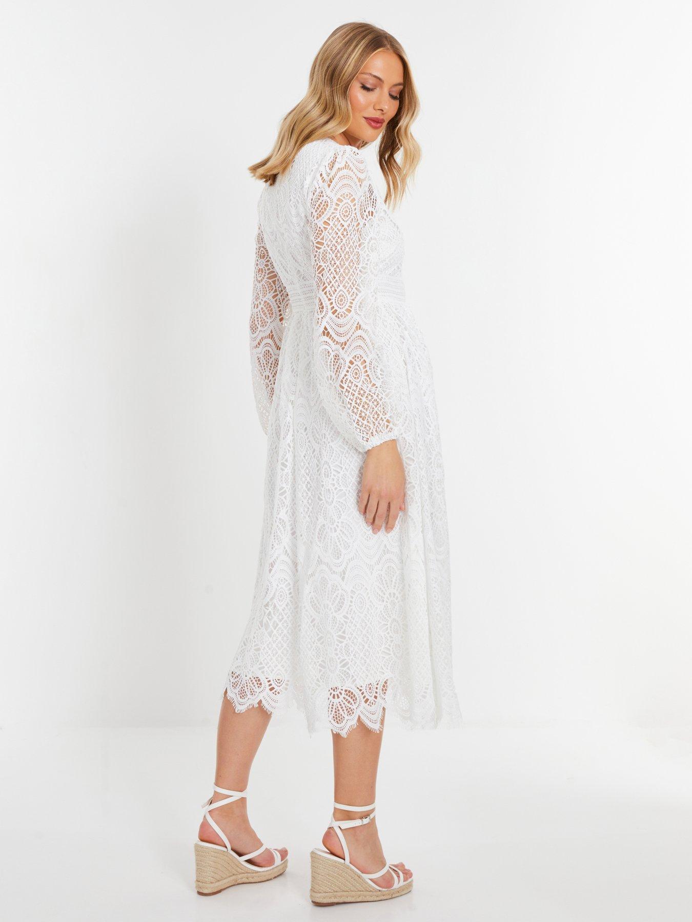 Quiz White Crochet Lace Long Sleeve Midi Dress | Very