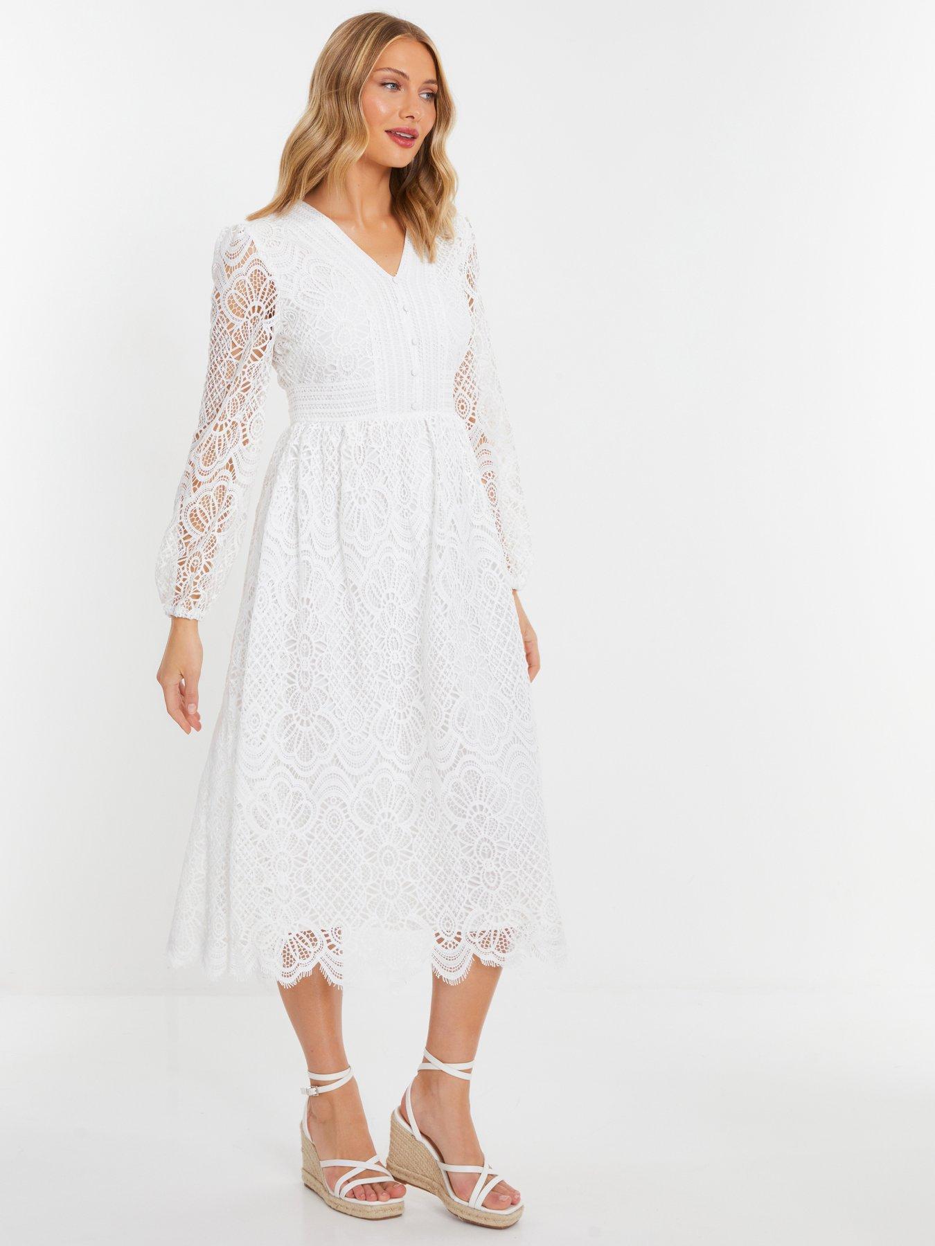 Quiz White Crochet Lace Long Sleeve Midi Dress | Very.co.uk