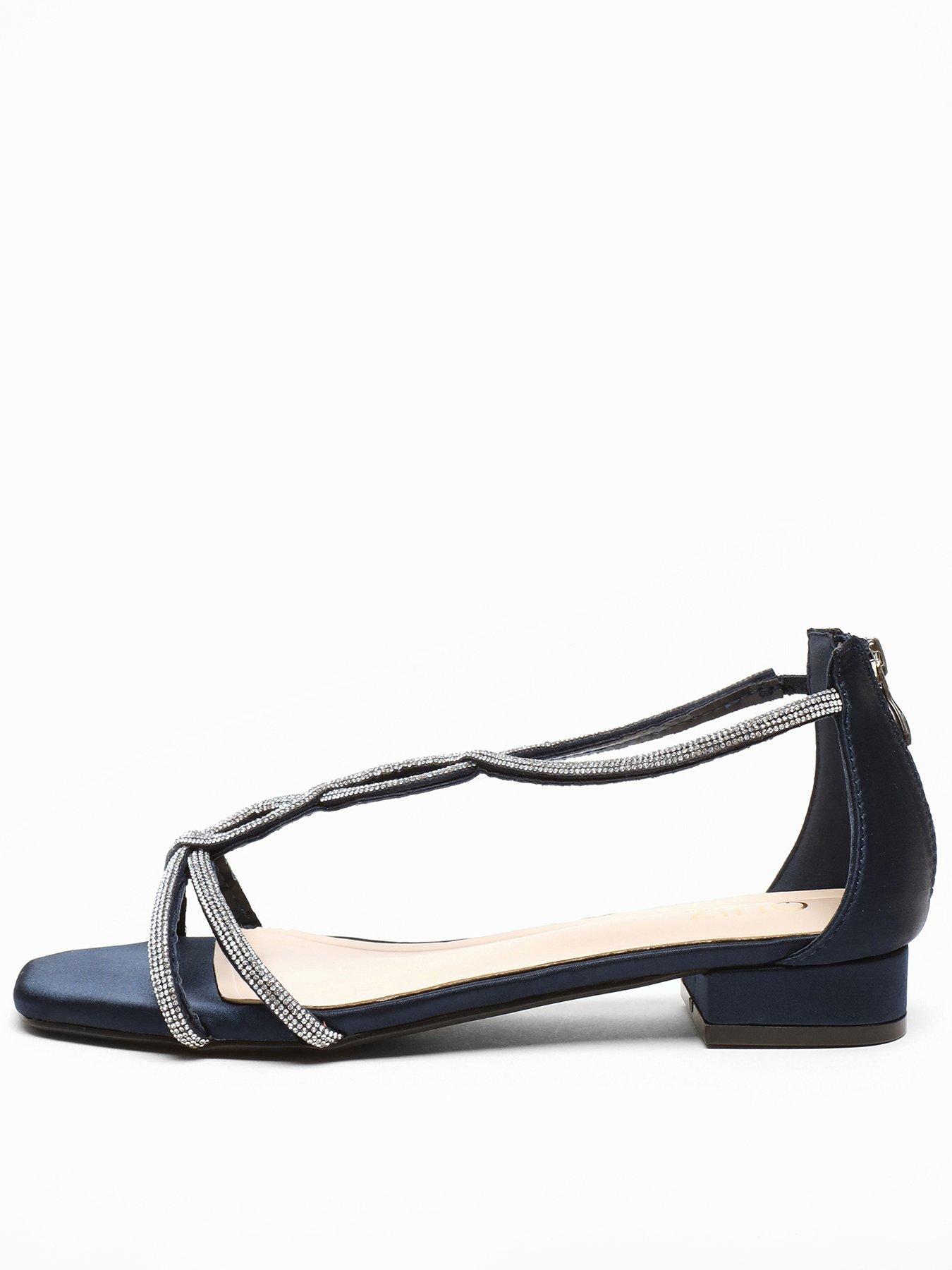 Quiz Navy Satin Diamante T-strap Flat Sandals | Very.co.uk