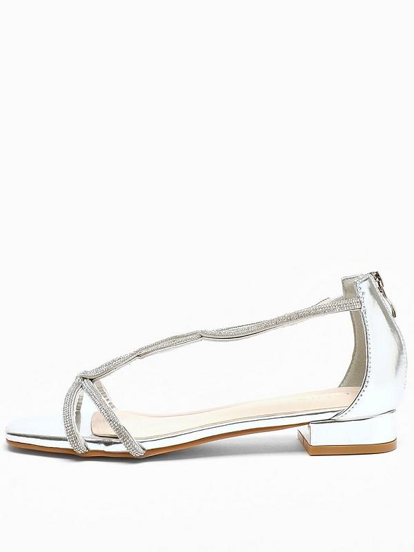 Quiz Silver Foil Diamante T-strap Flat Sandals | Very.co.uk