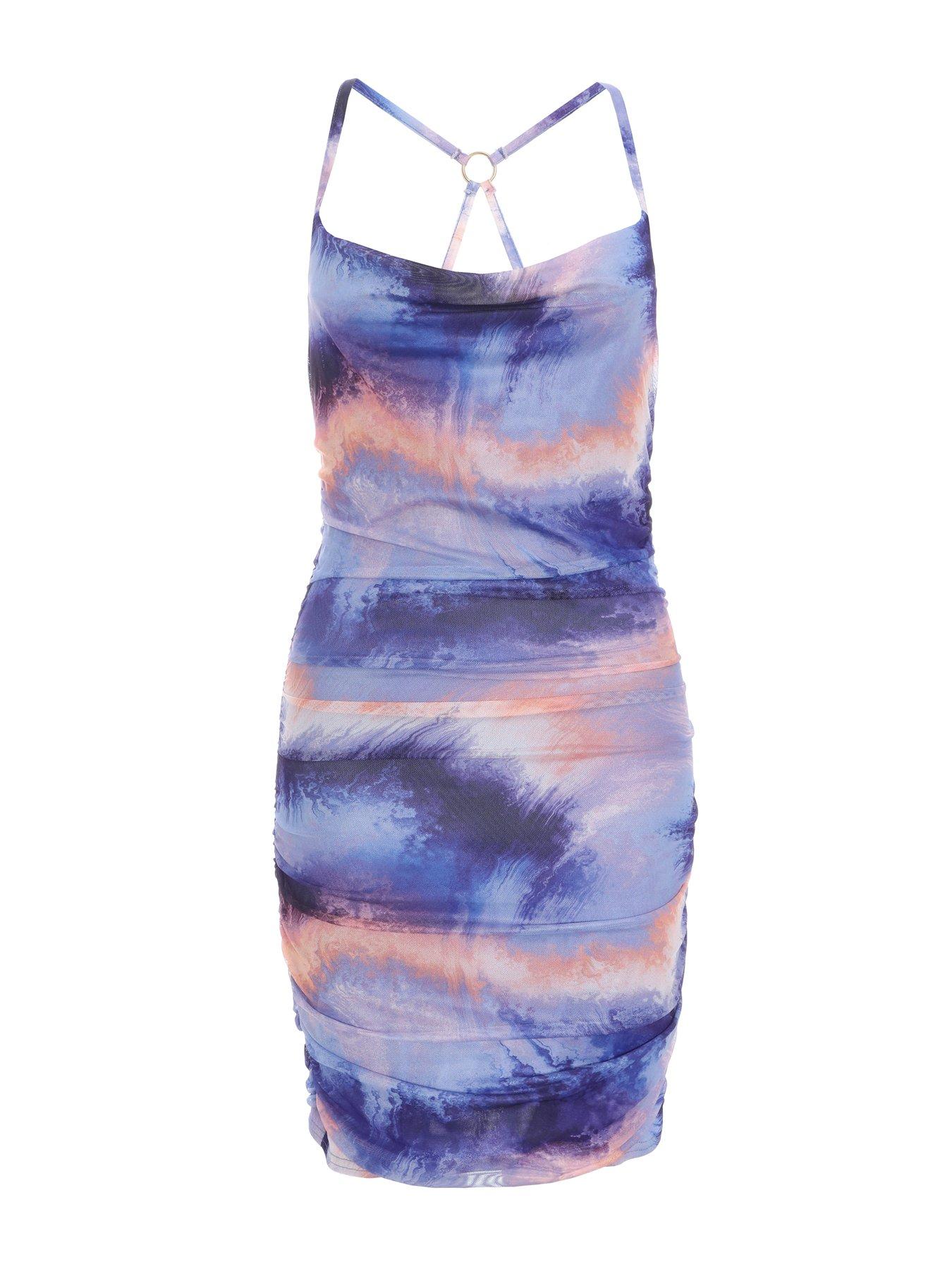blue mesh oriental print ruched bodycon dress Green and Blue Printed Mesh Bodycon Midi Dress – AX Paris main image 1