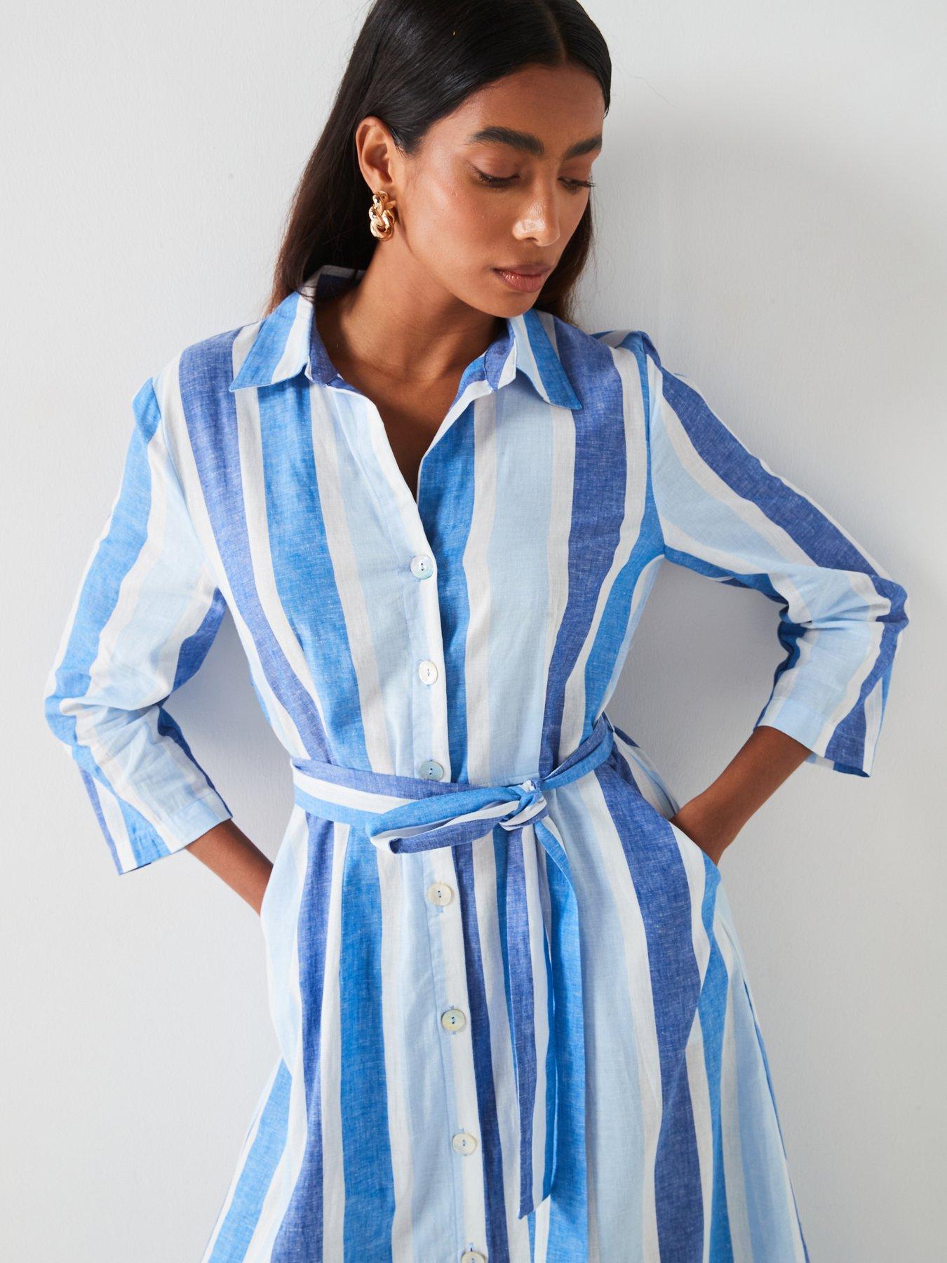 Mango Belted Striped Shirt Dress Blue