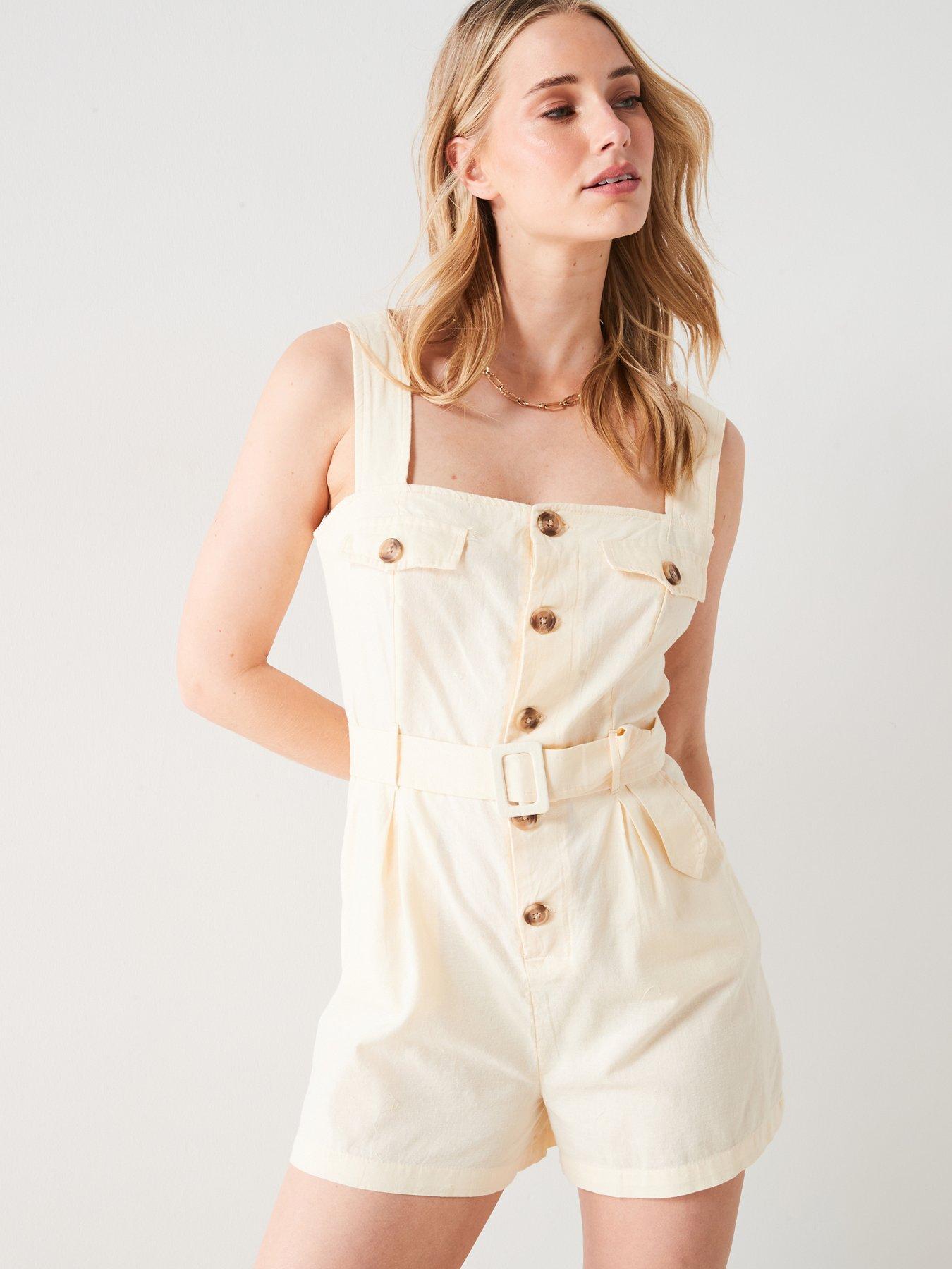 Mango Short Jumpsuit With Buttons, Cream, Size Xl, Women