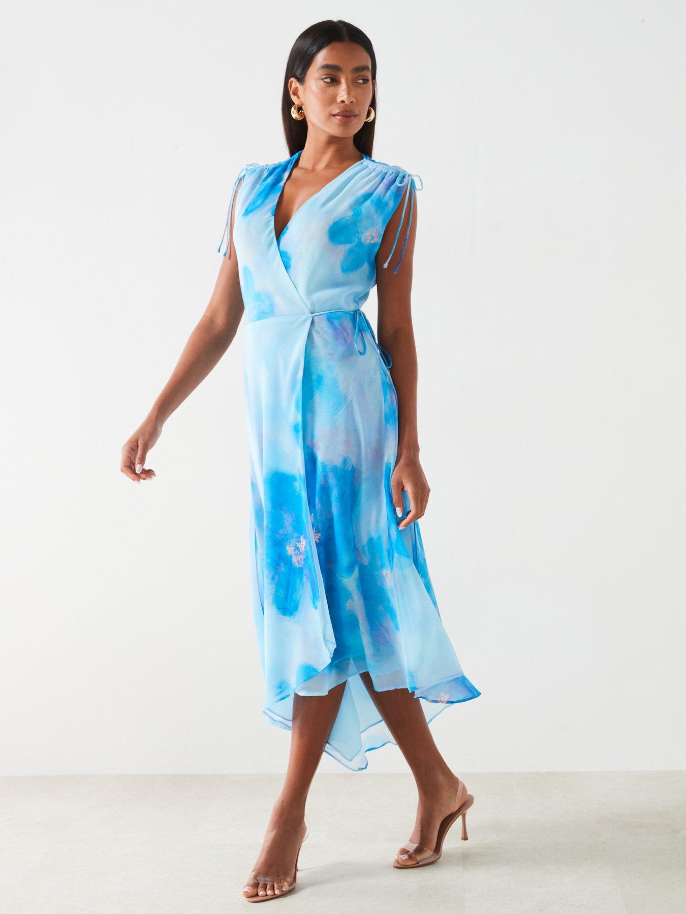 Mango Floral Print Wrap Dress Blue