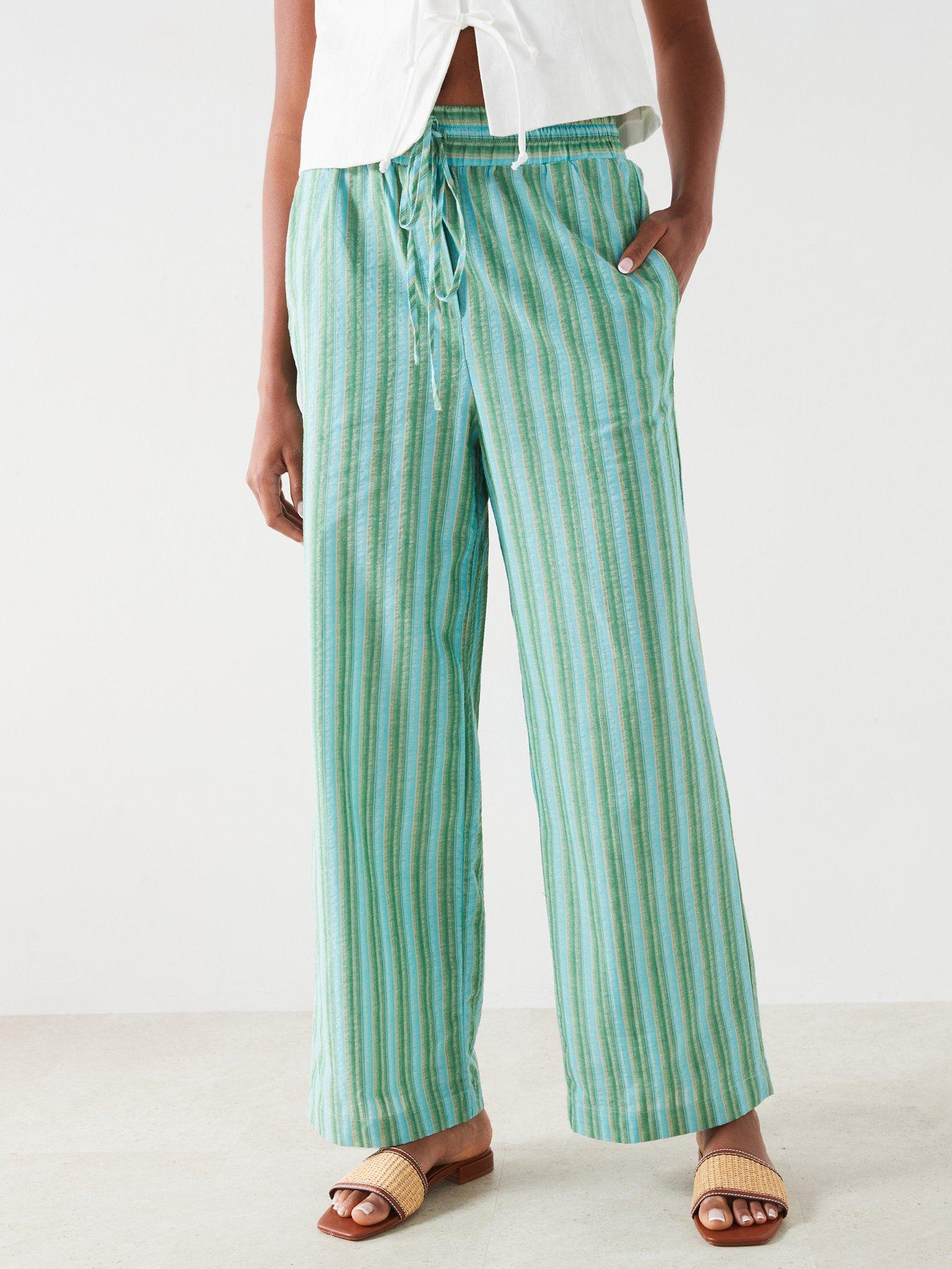 Mango Striped Straight Leg Trousers Blue Green