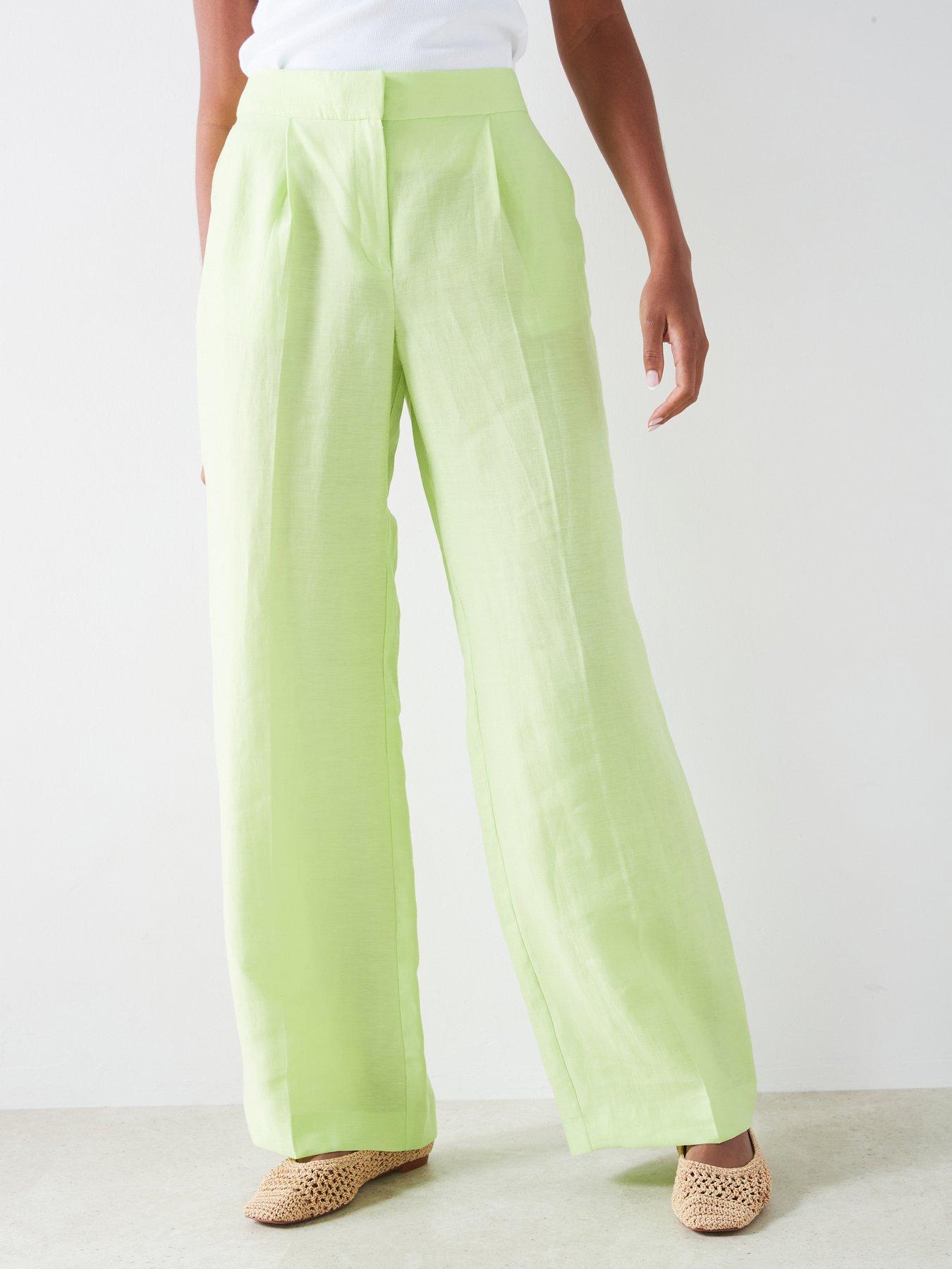 Mango Wide Leg Linen Trousers Green