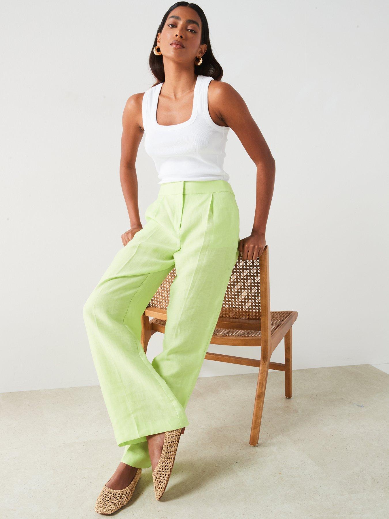 Mango Wide Leg Linen Trousers Green Very