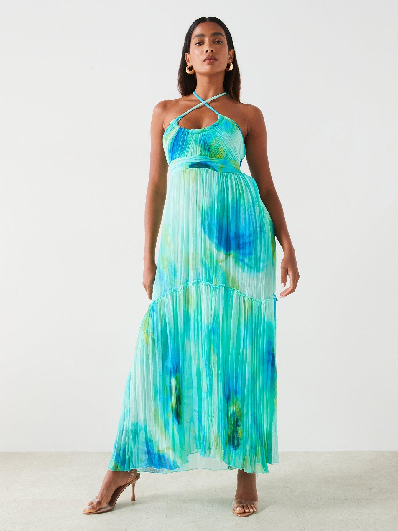 undefined Printed Halter Neck Maxi Dress - Turquoise