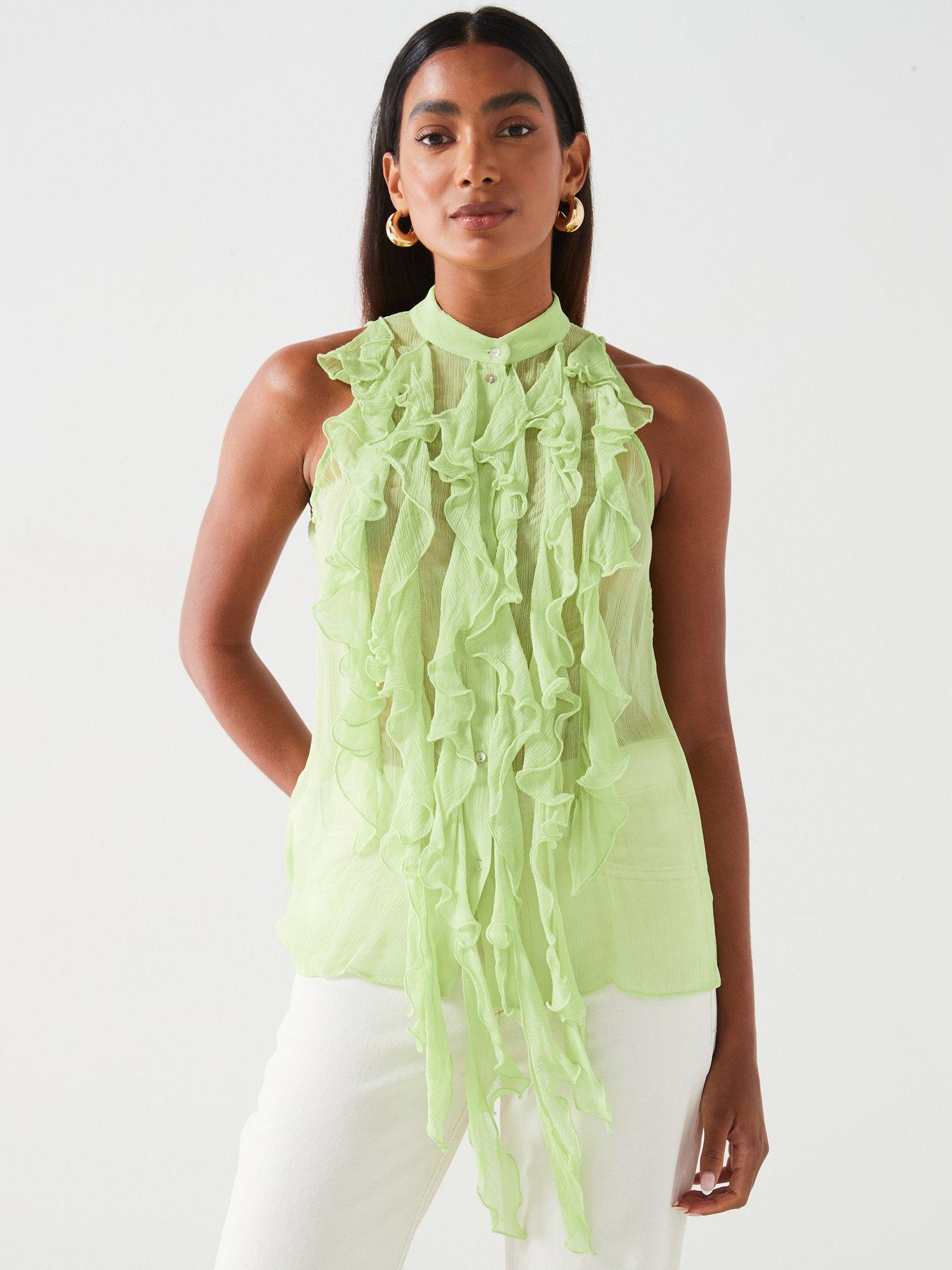 undefined Semi-Sheer Ruffled Blouse - Green