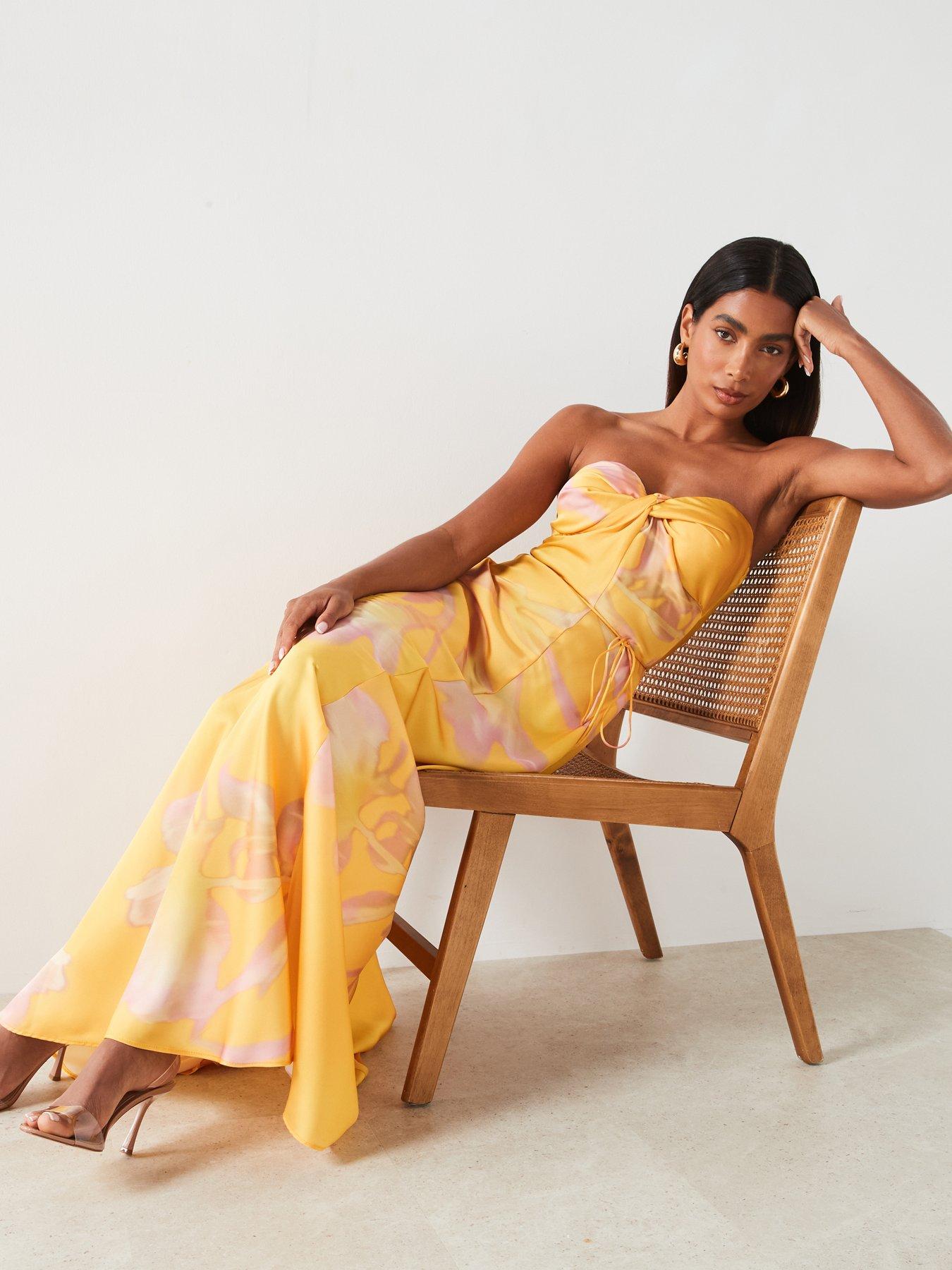 Mango Floral Print Satin Maxi Dress Yellow