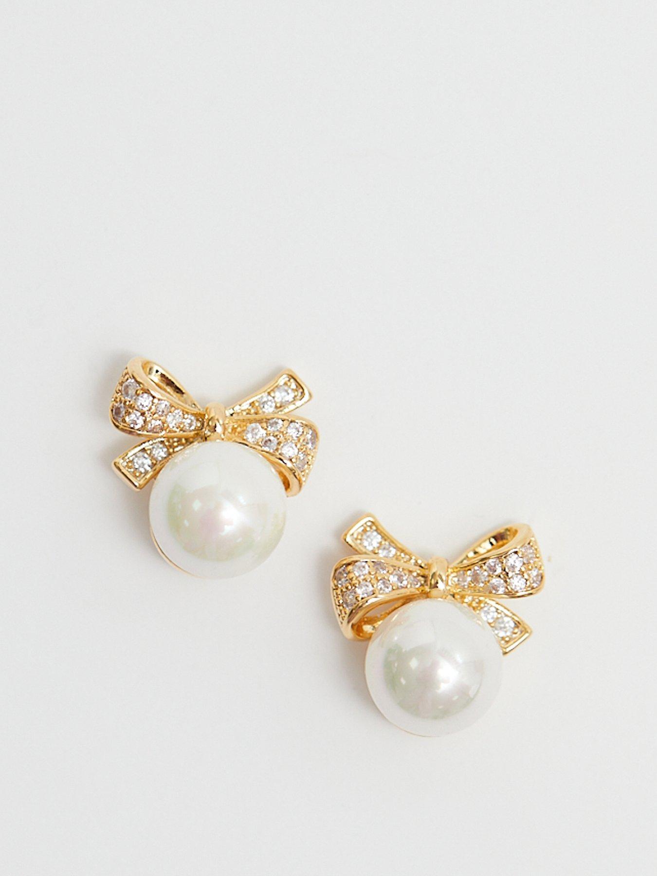 Product photograph of Jon Richard Gold Plated Cubic Zirconia And Pearl Bow Earrings from very.co.uk